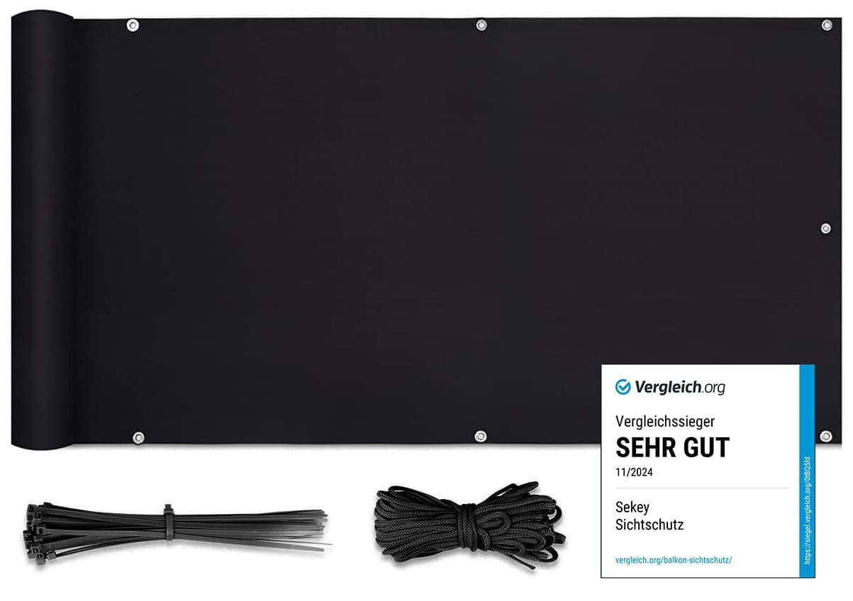 Sekey Balkon Sichtschutz PES Blickdichte Wetterfest Windschutz für den Gartenzaun oder Balkon, Schutz vor neugierigen Blicken, mit Ösen, Nylon Kabelbinder und Kordel, 0.9×5m Schwarz