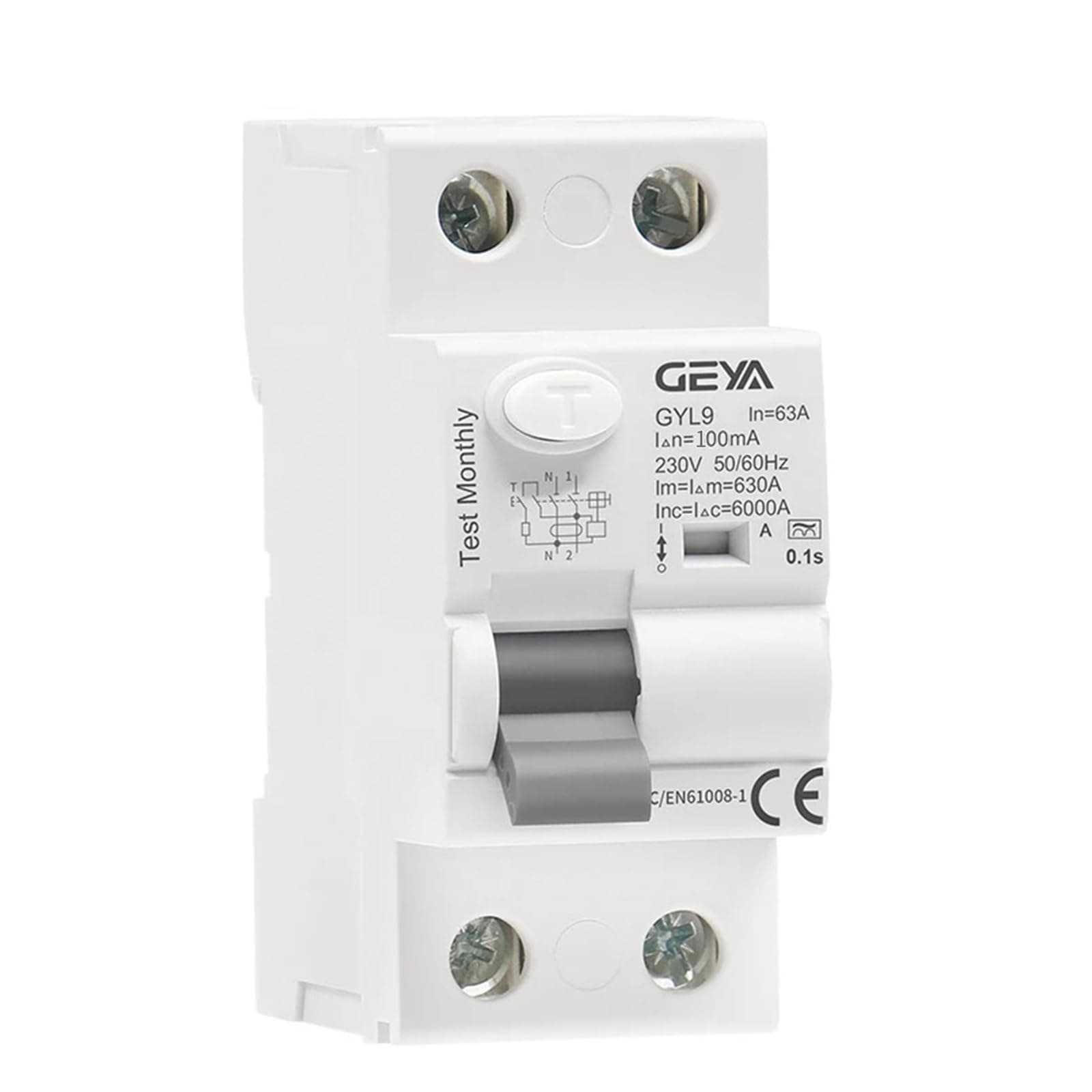 GEYA Disyuntor de corriente residual electromagnética tipo A ELCB RCD RCCB (2P-63A-100mA)
