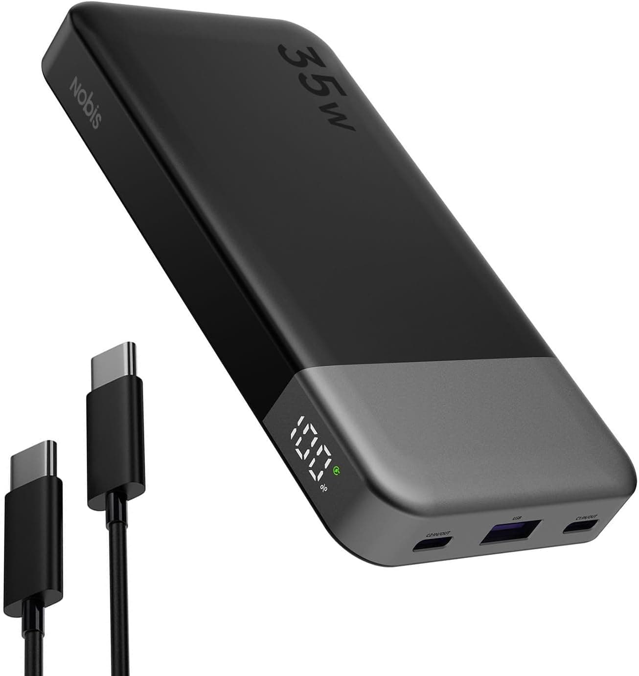 Nobis Chargeur Portable, 35W 10000mAh Power Bank Chargement Rapide, PD QC 4.0 Batterie d'affichage LED, USB C in/Out Chargeur de téléphone Portable pour iPhone iPad Android etc. (Noir)