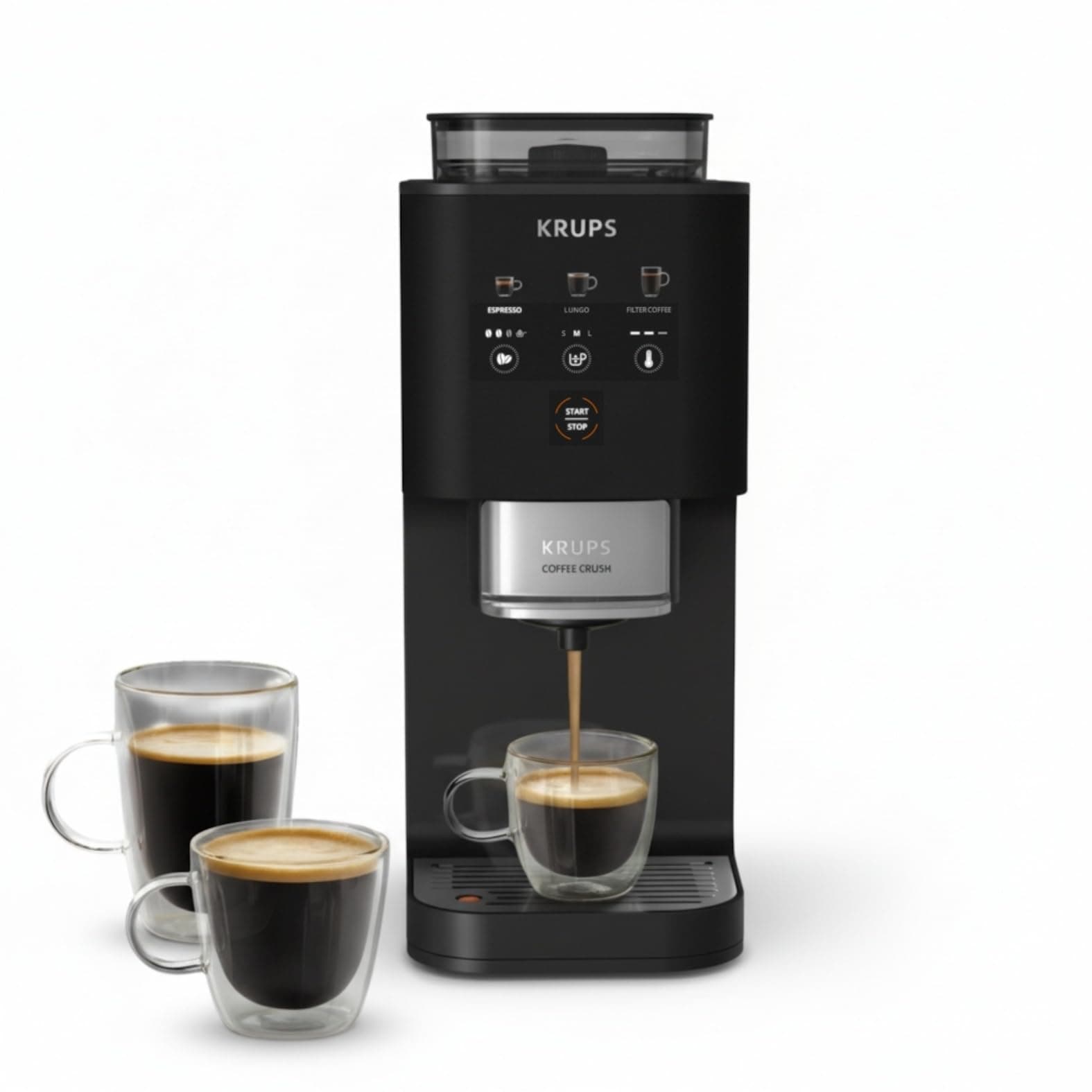 Krups Coffee Crush Extra Kaffeevollautomat, Edelstahlmühle für frisch gemahlenen Kaffee, nur 15 cm breit, smartes Bedienfeld, auch für vorgemahlenen Kaffee, einfache Reinigung, Schwarz, SA4028E0