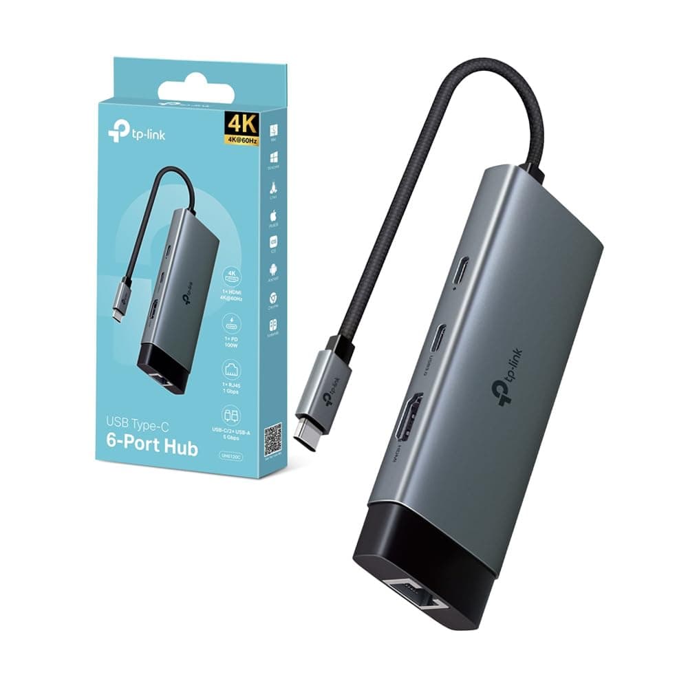 TP-Link UH6120C Hub USB C 6 in 1, 1 HDMI 4K@60Hz, 1 Gigabit Ethernet, 1 PD Rapida a 100 W, 3 Porte di USB 3.0 (1 USB-C, 2 USB-A), SuperSpeed a 5 Gbps, Adattatore per Windows, Mac OS X, iOS, Android