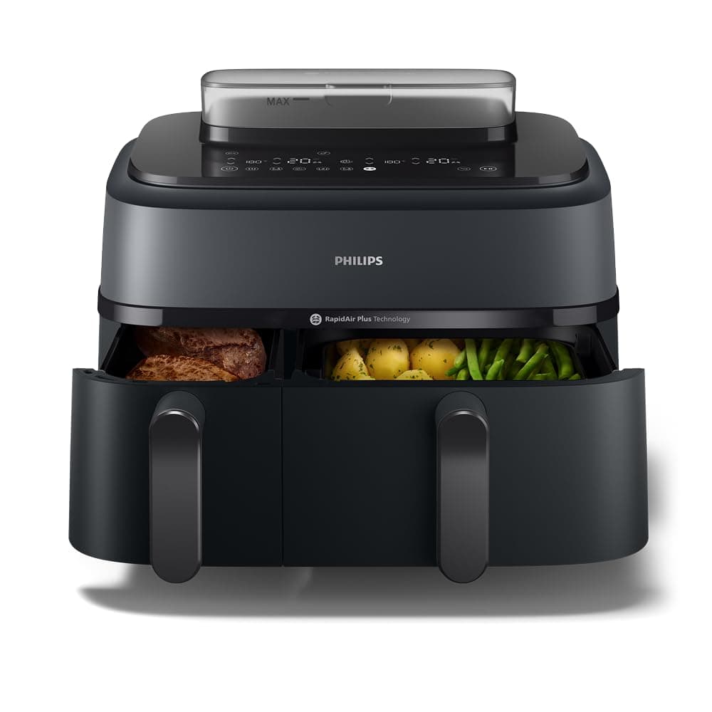 Philips Steam Airfryer 5000 Series Dual Basket Heißluftfritteuse mit Dampfgar-Funktion & 2 Körben – Steam, Airfry, SteamFry, 9L (3L+6L), RapidAir Plus, automatische Dampfreinigung (NA550/00)