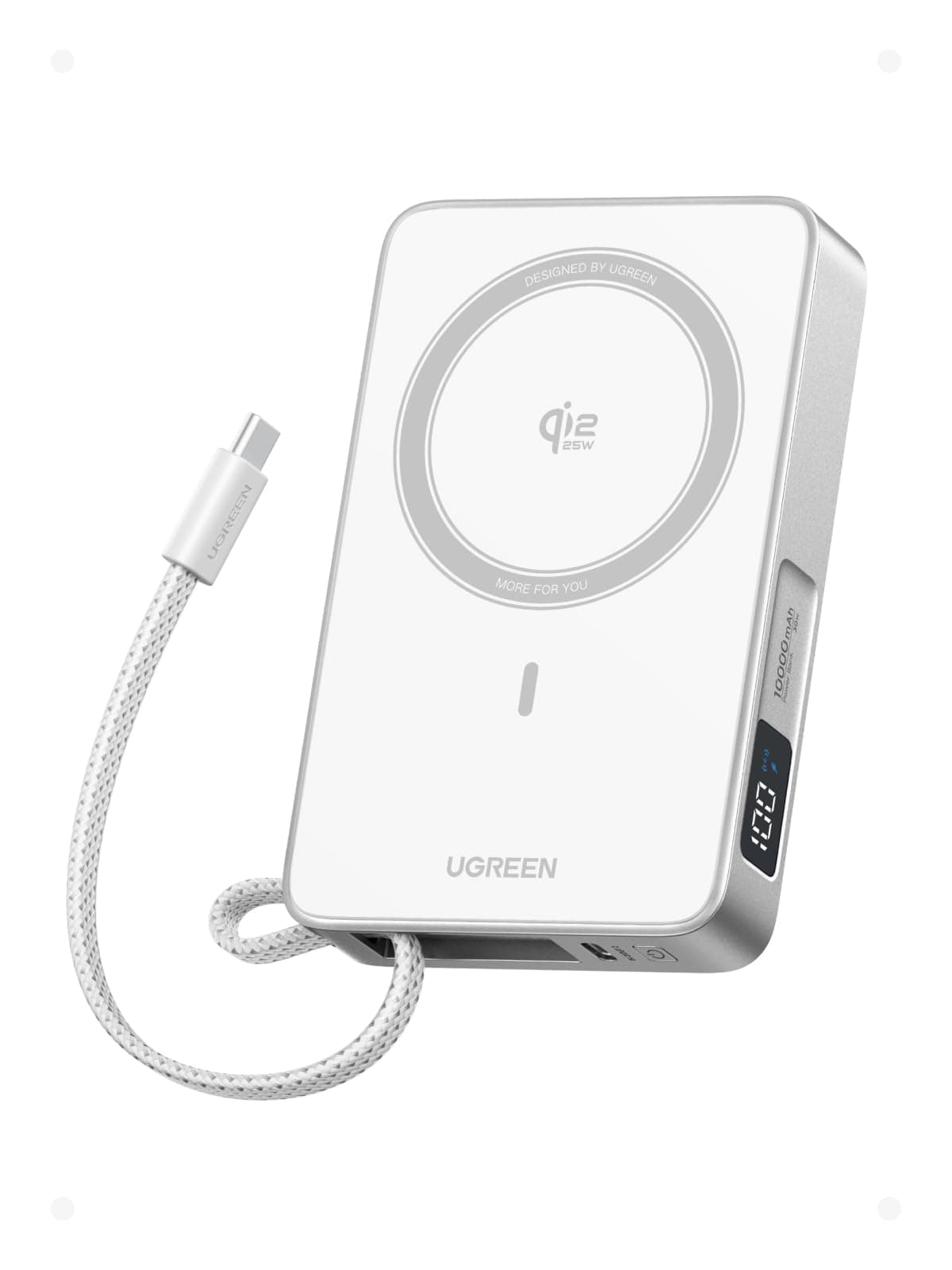 UGREEN Magflow Qi2 25W Power Bank 10000mAh con Inducción Magnética y Carga Rápida Banco Energía con Cable USB C Integrado 30W Compatible con Magsafe iPhone 17 Pro MAX Air 16 15 14 13 12 (Blanco)