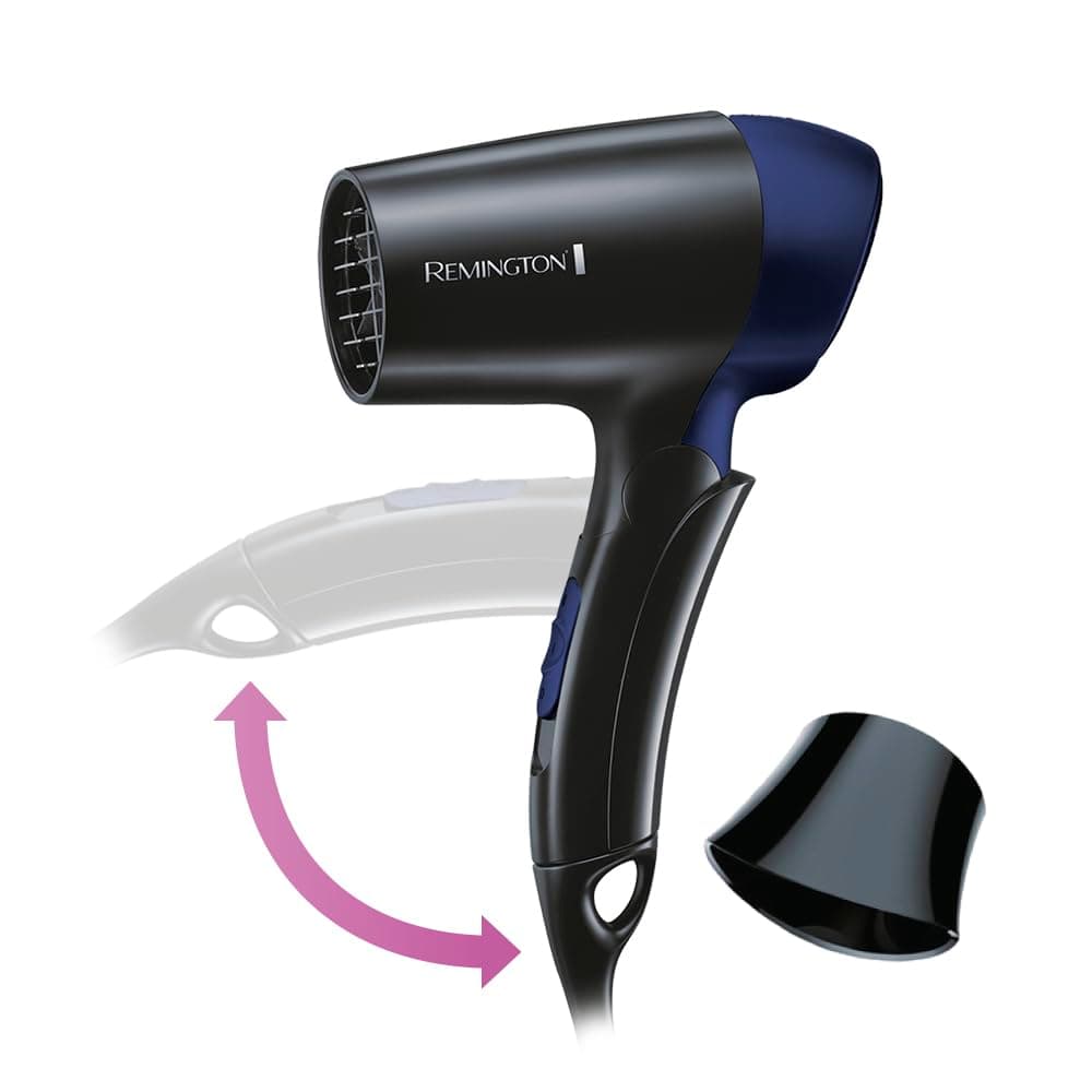 Remington Haartrockner [extrem klein & klappbar] On The Go (1400 W, weltweite Spannungsanpassung 120/220-240V, Stylingdüse, 2 kombinierte Heiz- & Gebläsestufen) Reisehaartrockner D2400