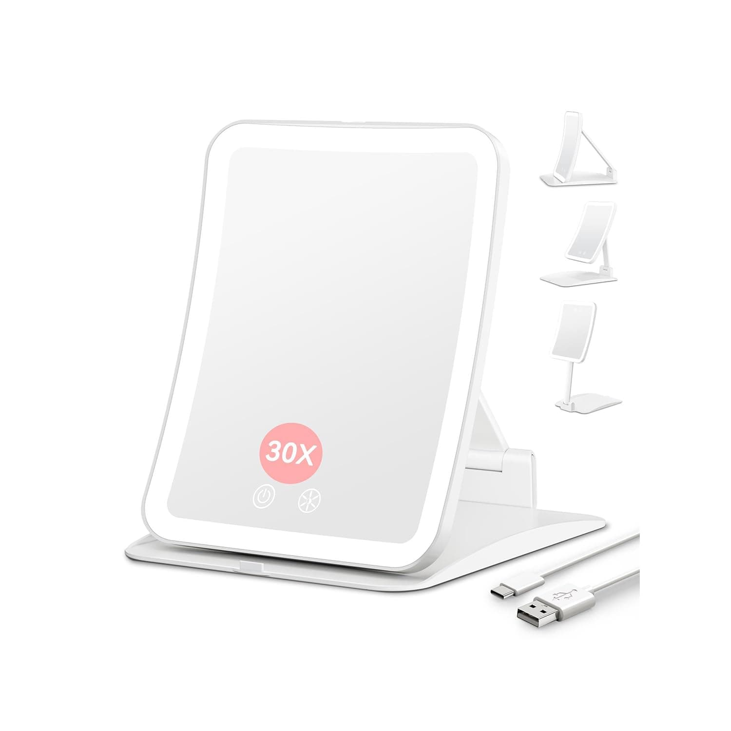 Auxmir Miroir Maquillage Lumineux Rechargeable, Miroir Grossissant de Voyage X30 Pliable avec 3 Couleurs Éclairage, LED à Intensité Variable, Mirroir de Table pour Voyage et Bureau, Cadeau pour Femme