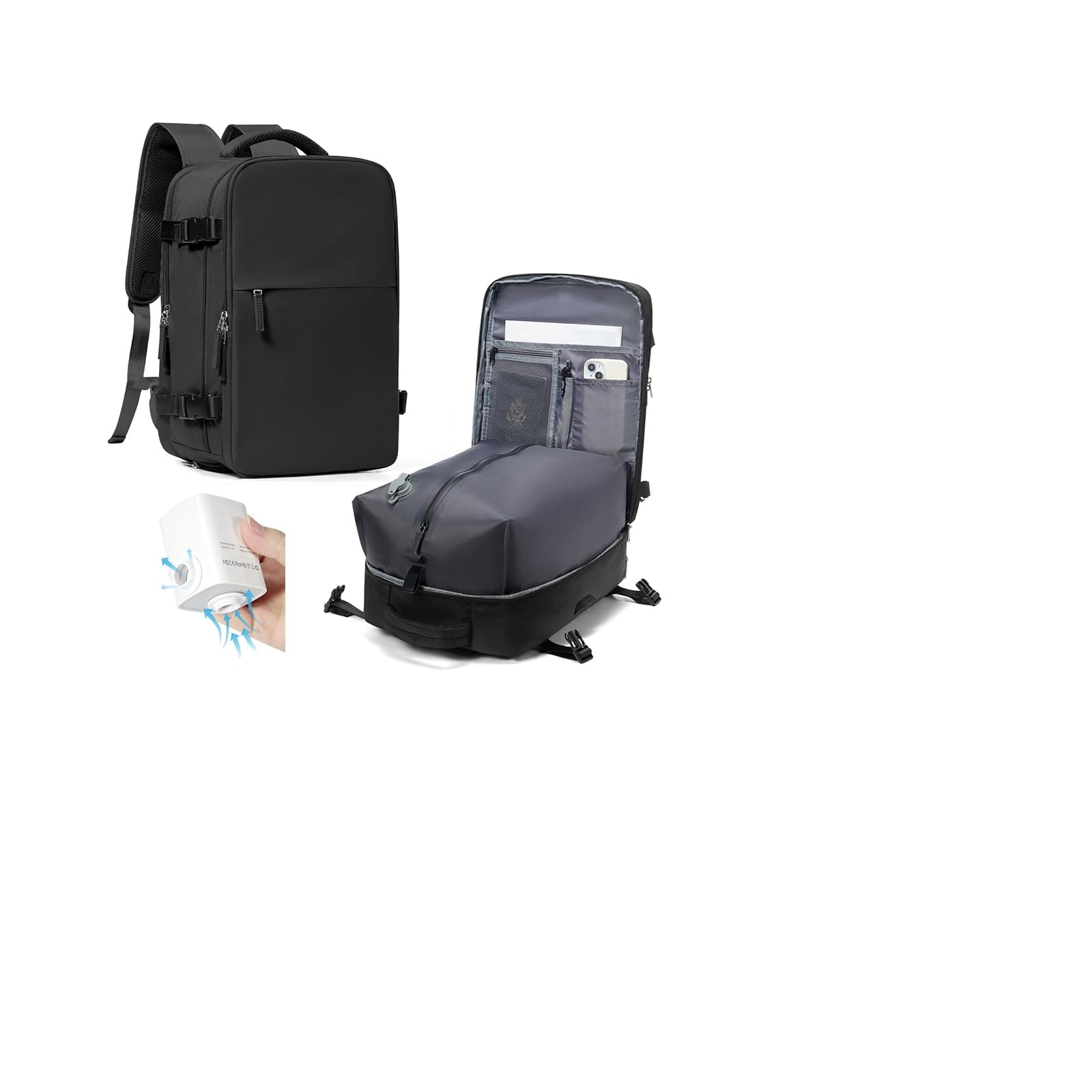 HPLQQ Mochila Viaje Cabina Avion 40x30x20 para Ryanair Mochilas de Vacío con Bomba Bolsa de Cabina Equipaje de Mano Cabina Avion Mochila de Senderismo Mochila Impermeable Cabina Mochila,R1-Negro