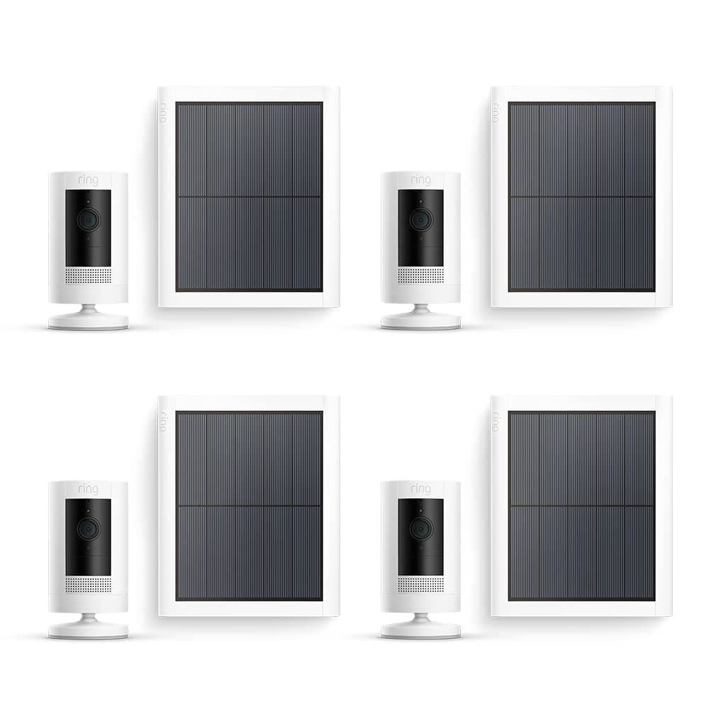 Ring Caméra extérieure solaire (Stick Up Cam) | Caméra de surveillance extérieure wifi HD, panneau solaire, audio bidirectionnel, fonctionne avec Alexa | Essai Ring Home gratuit 30 j. | 4 Caméras