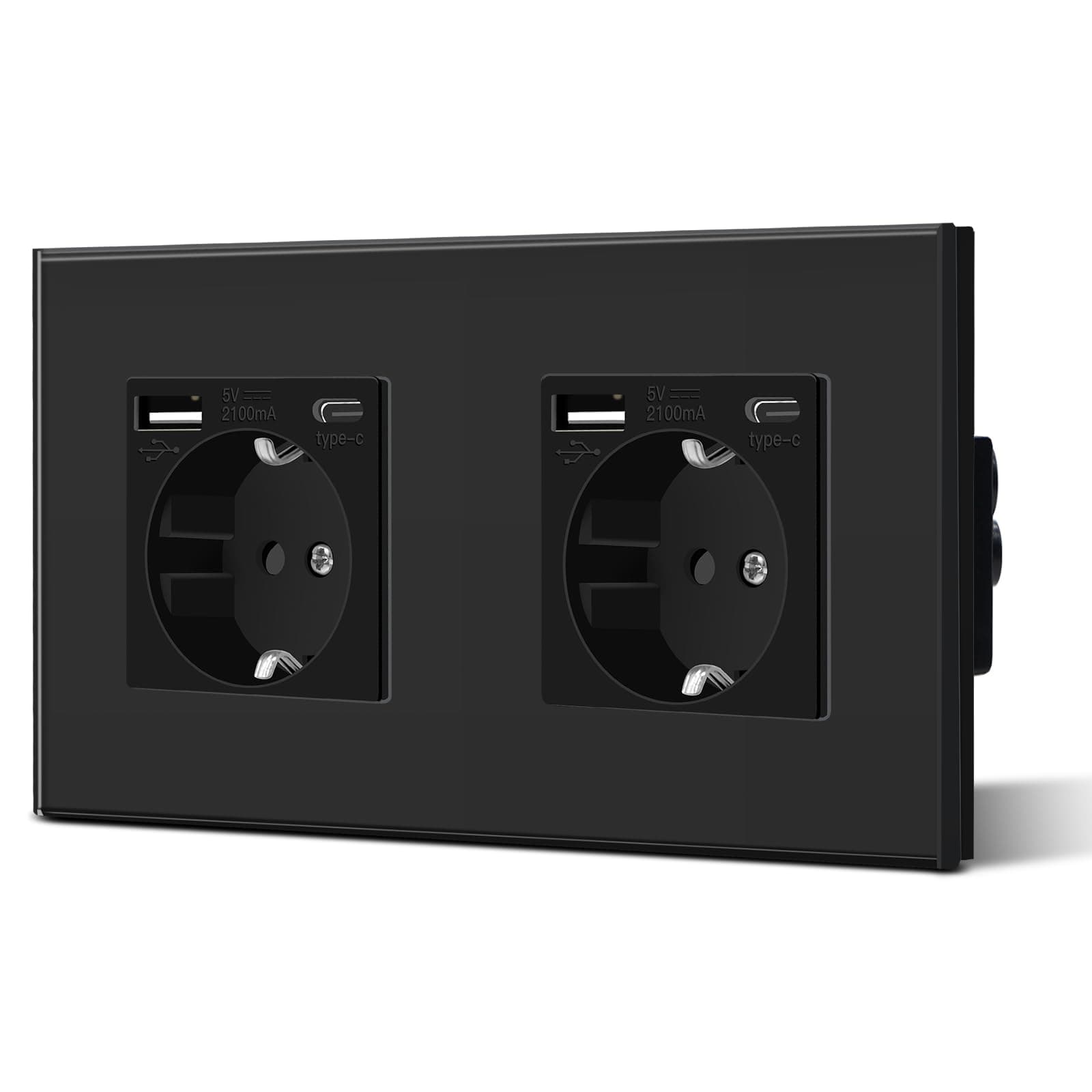 BSEED Enchufe de Pared con USB C,Enchufes Dobles Empotrados con Cristal,Toma de Corriente,Seguridad infantil,Fácil de Instalar,M Serie,2 Enchufes con USB y Tipo C,157mm Negro