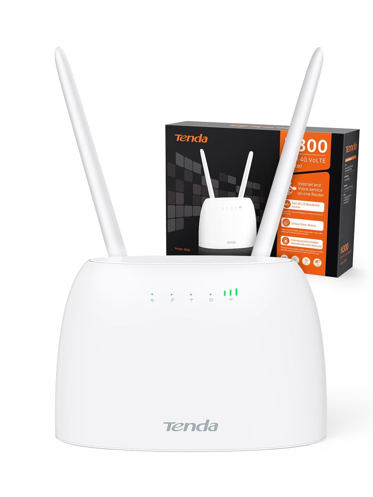 Tenda 4G06-4G Volt Router, WiFi SIM Router with Voice Service, CAT4, 2.4GHz Wi-Fi 300Mbps, RJ11/LAN/WAN Port, Detachable Antenna, Connects up to 32 Devices, No Configuration