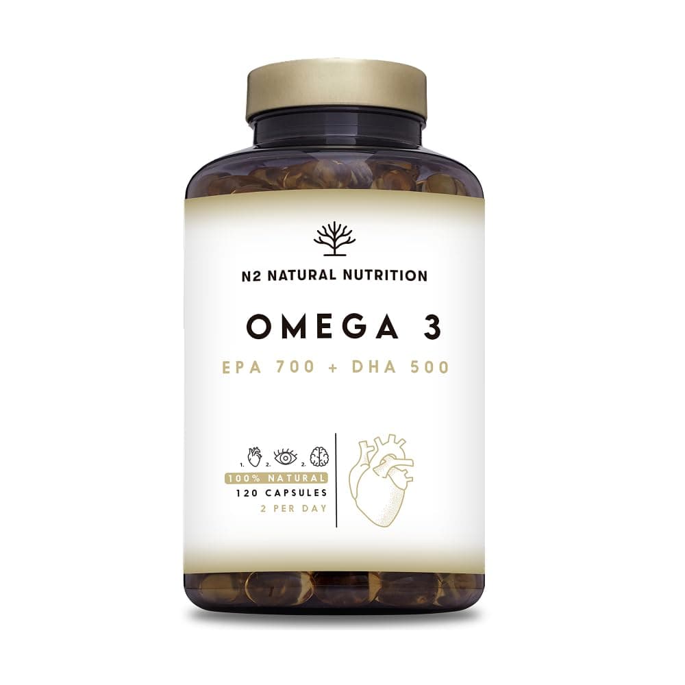N2 Natural Nutrition Omega 3 + Vitamina E 2000mg, 700mg EPA, 500mg DHA. Aceite de Pescado.Regula el Colesterol, Favorece la Vista, Corazón y Cerebro Saludables. 120 Cápsulas