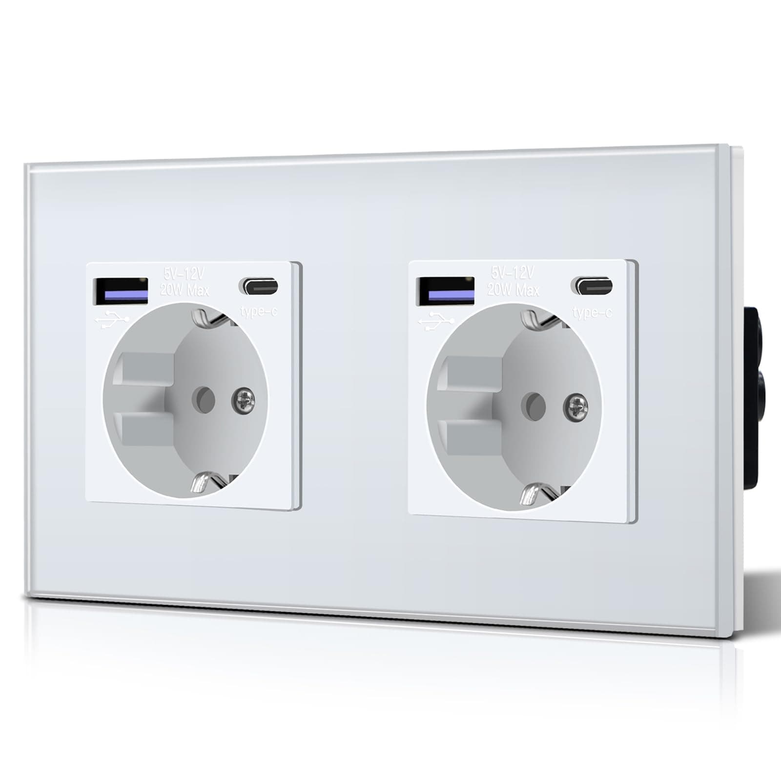 BSEED Steckdose aus Glas mit 20W USB C, Schnellladegerät Wandsteckdose, 3 in 1 Unterputz Steckdosen, Einfache Installation, 240V 16A, 157mm 2 Fach Weiß