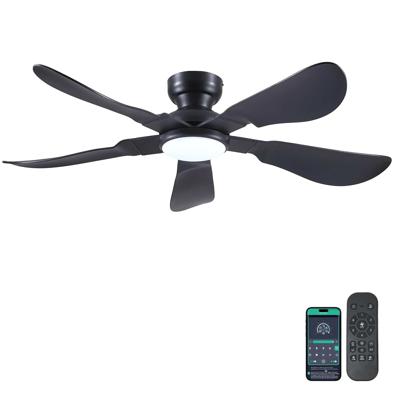 Ventilateur de plafond moderne 132 cm avec lumière, encastrable avec télécommande et APP, 5 pales courbes réversibles 6 vitesses, 3 températures de couleur dimmables pour chambre et salon, noir