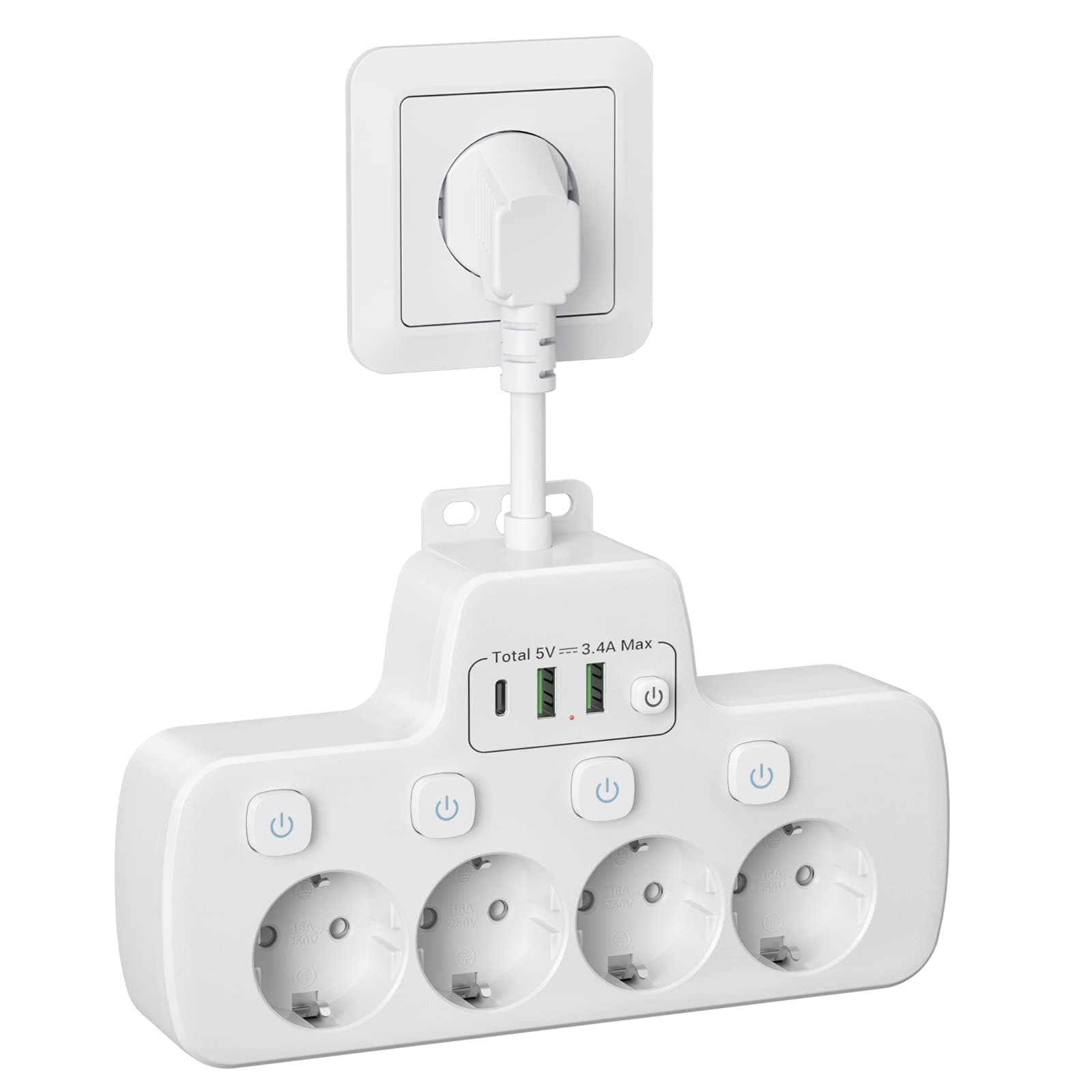 Regletas Enchufes con Interruptor,Ladron Enchufes USB C Adaptador Enchufe Multiple con 4 Tomas y 3 Carga Rápida USB,4 Interruptor Independiente alargador Enchufe Pared 0.1m Cable Corto,Blanco