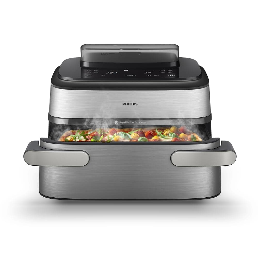 Philips Steam Airfryer 5000 Series Megabasket - Heißluftfritteuse mit Dampf-Funktion - Steam, Airfry, SteamFry, 9.5L Megabasket oder 3L + 6L Dual Basket, Korbtrenner, Dampfreinigung (NA565/00)