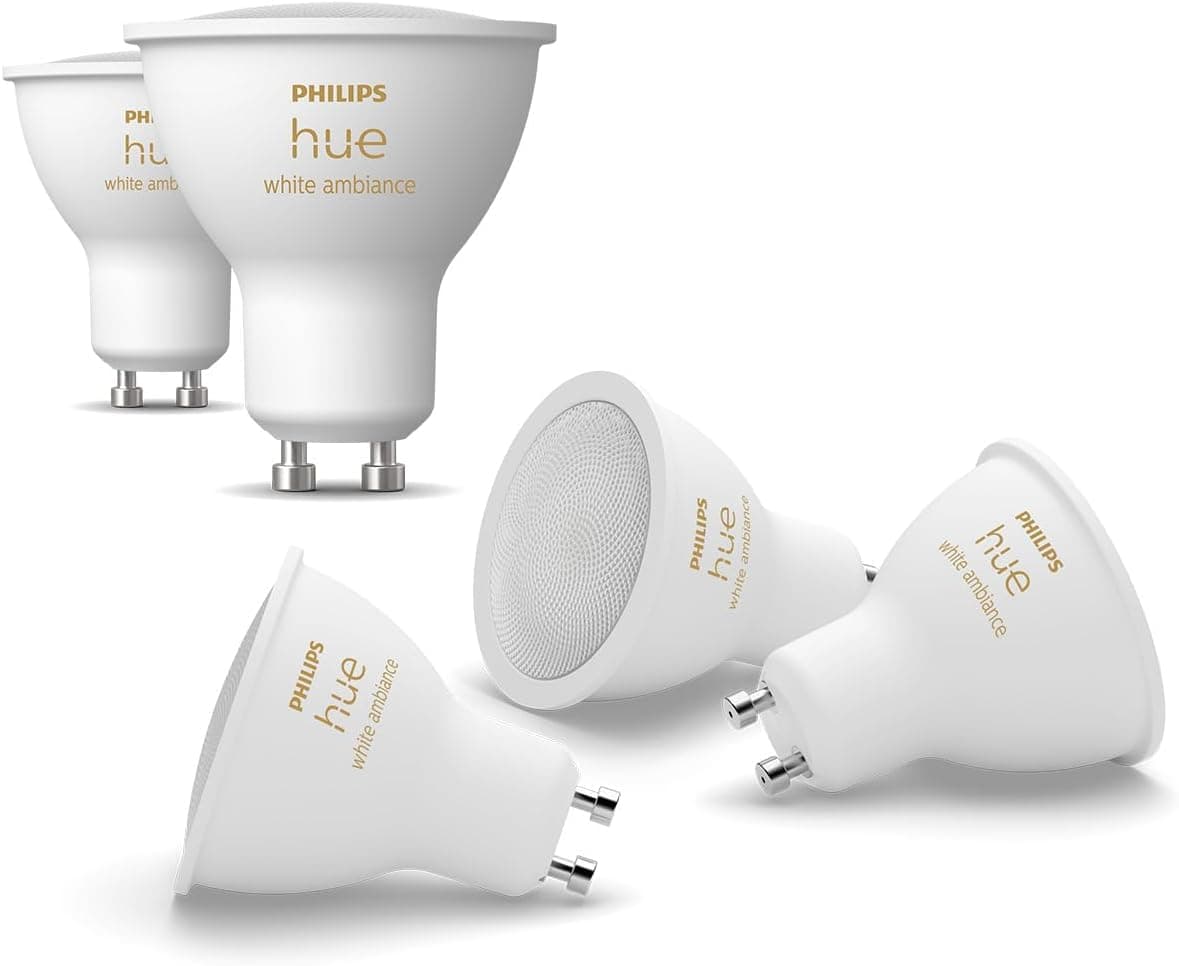 Philips Hue - Bombilla LED Inteligente, GU10, Luz Blanca de Cálida a Fría, 4.2W 400 lúmens, Compatible con Alexa y Google Home - Pack de 5 Bombillas LED inteligentes