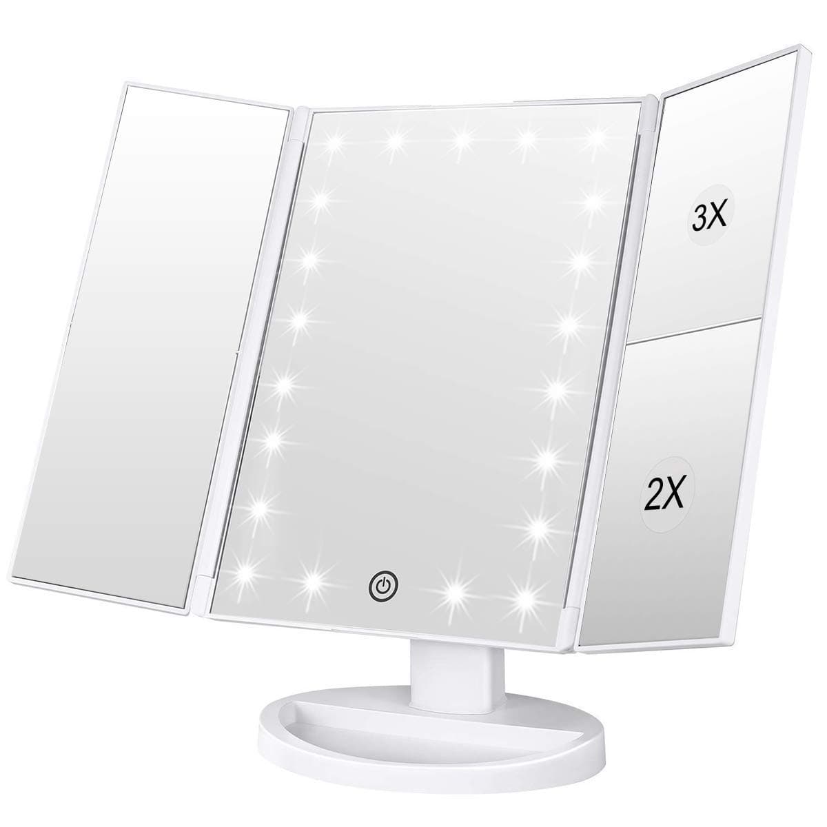 WEILY Specchio per Trucco con 21 Luci, 1x / 2x / 3x Specchietti per Ripiegabile con che Ruota di 180°, Specchio Trifold con Touch Screen Regolabili per Regalo Donne (Bianco)