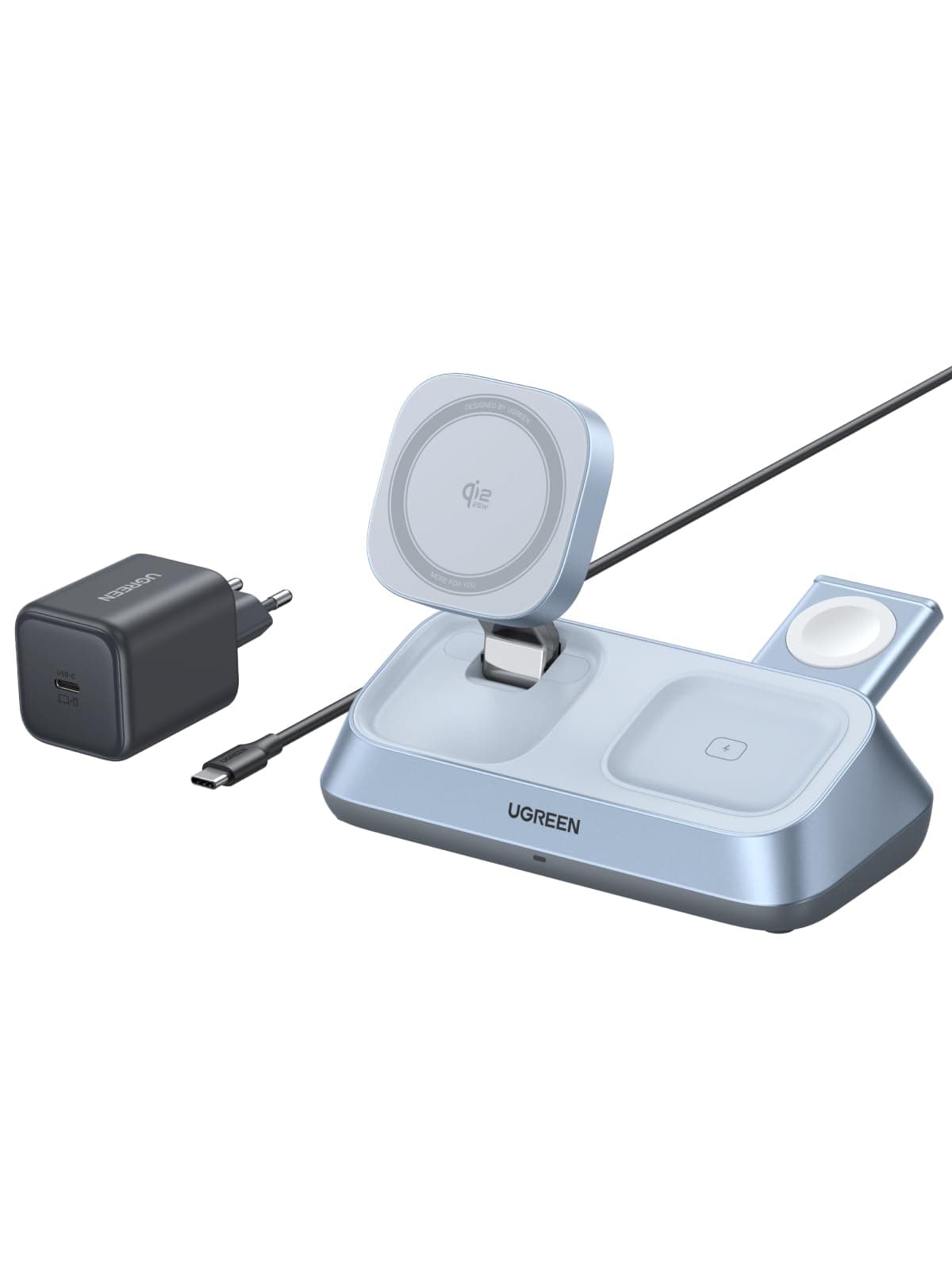 UGREEN MagFlow 3 EN 1 Qi2 25W Station Chargeur Induction iPhone MFi Certifié Compatible avec MagSafe iPhone 17 16 15 14 13 12 Pro Max Plus Air AirPods iWatch