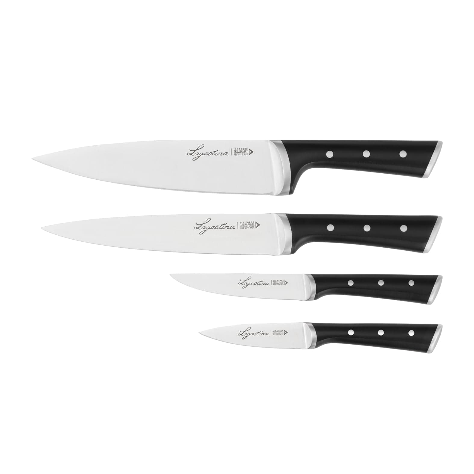 Lagostina Iceforce, Set Coltelli da Cucina, 4 Coltelli in Accaio Inox con Lama Raffreddata, Confezione con Coltello Chef 20 cm, Per affettare 20 cm, Spelucchino 9 cm e Multiuso 11 cm