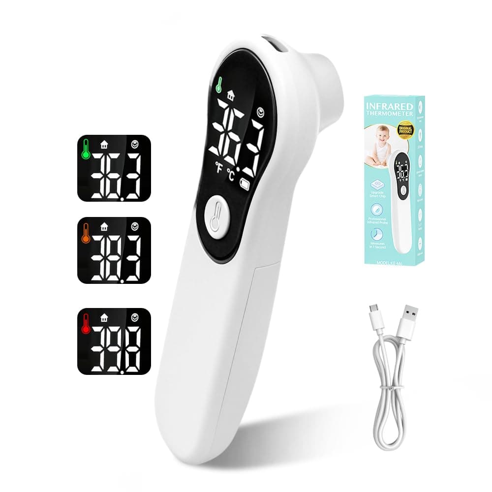Termómetro Digital para Bebés y Adultos, Infrarrojo sin Contacto de Frente, con Alerta de Fiebre, Pantalla LCD, Recargable USB y Lectura Instantánea en 1s