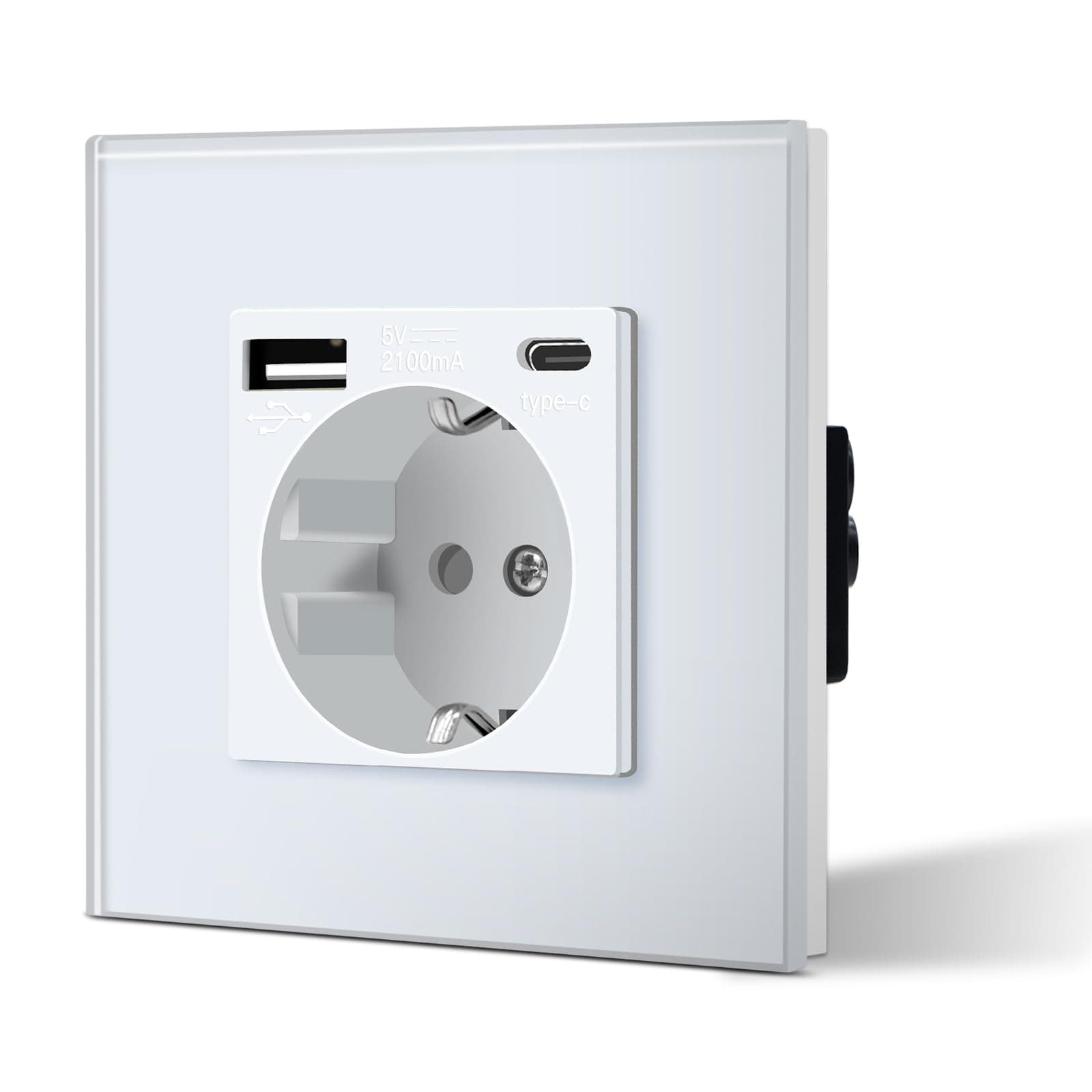 BSEED Enchufe de Pared con USB C,Enchufe Estándar Schuko con Cristal,3 EN 1,Seguridad infantil,Fácil de Instalar,M Serie,1 Enchufe con USB y Tipo C,86mm Blanco