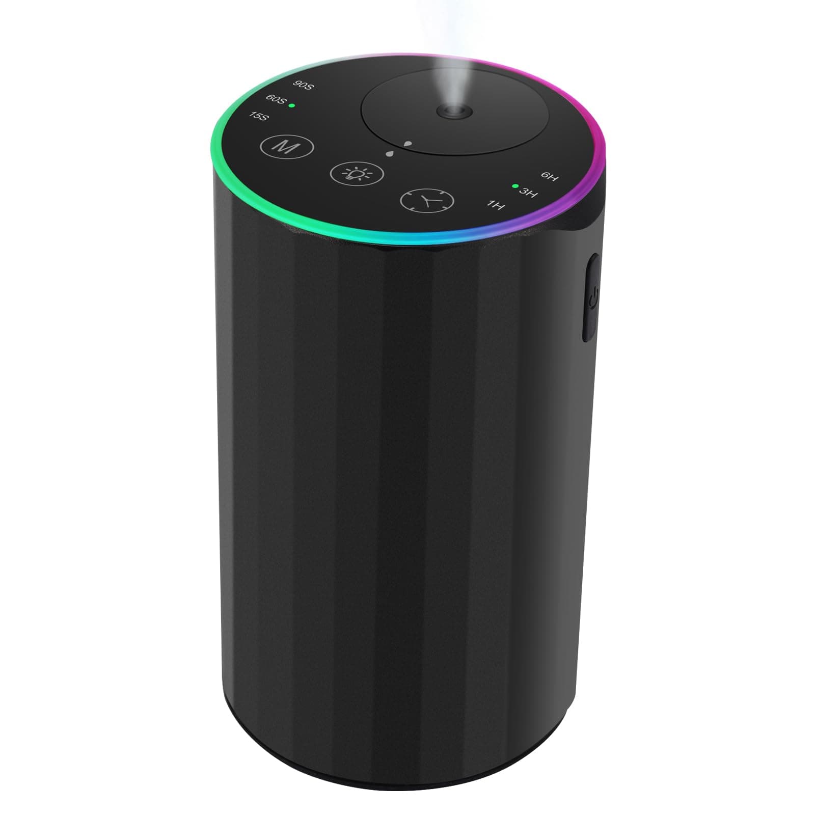 Diffuseur d'huiles essentielles sans Eau pour la Maison, à Piles, sans Fil, 7 lumières d'ambiance LED,avec minuterie et 3 Niveaux de Brume, Voiture, Alliage d'aluminium Noir (Schwarz)