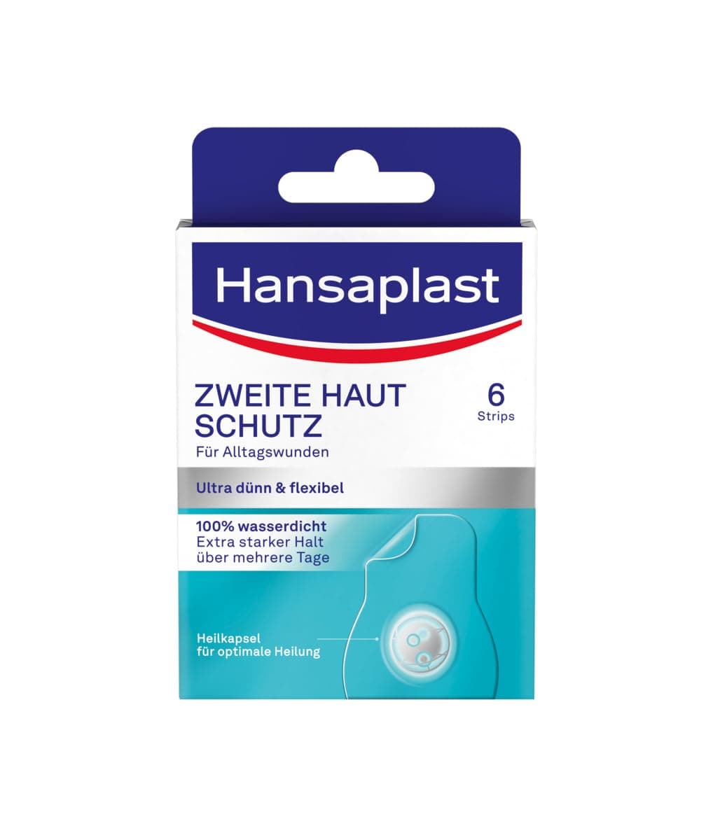 Hansaplast Pflaster Zweite Haut Schutz Regulär (6 Strips), dünnes und flexibles Hydrokolloid-Pflaster mit Heilkapsel-Technologie, wasserdichtes Wundpflaster mit extra starkem Halt für mindestens 72h