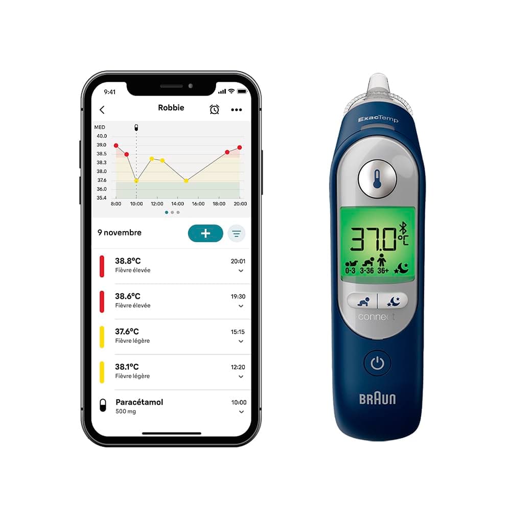 Braun ThermoScan® 7+ connect Thermomètre auriculaire | Compatible avec l’application Braun Family Care™ | Technologie Age Precision® | Affichage numérique avec code couleur