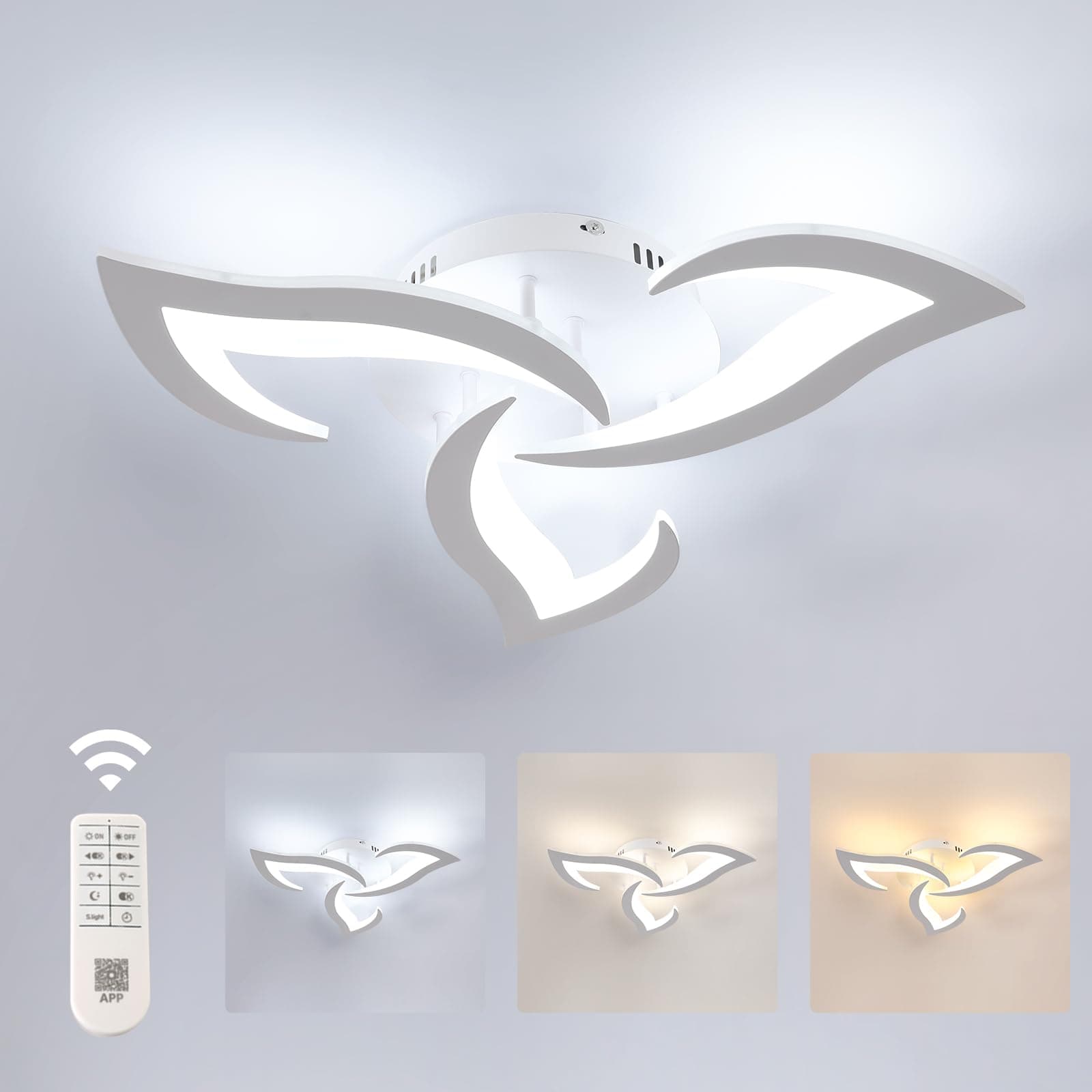 Comely - Plafoniera LED a Soffitto a tre teste 35W, 3937LM. Design a fiore in acrilico, elegante e adatto camera da letto, soggiorno o studio. Luce dimmerabile 3000K - 6500K. bianco,58cm