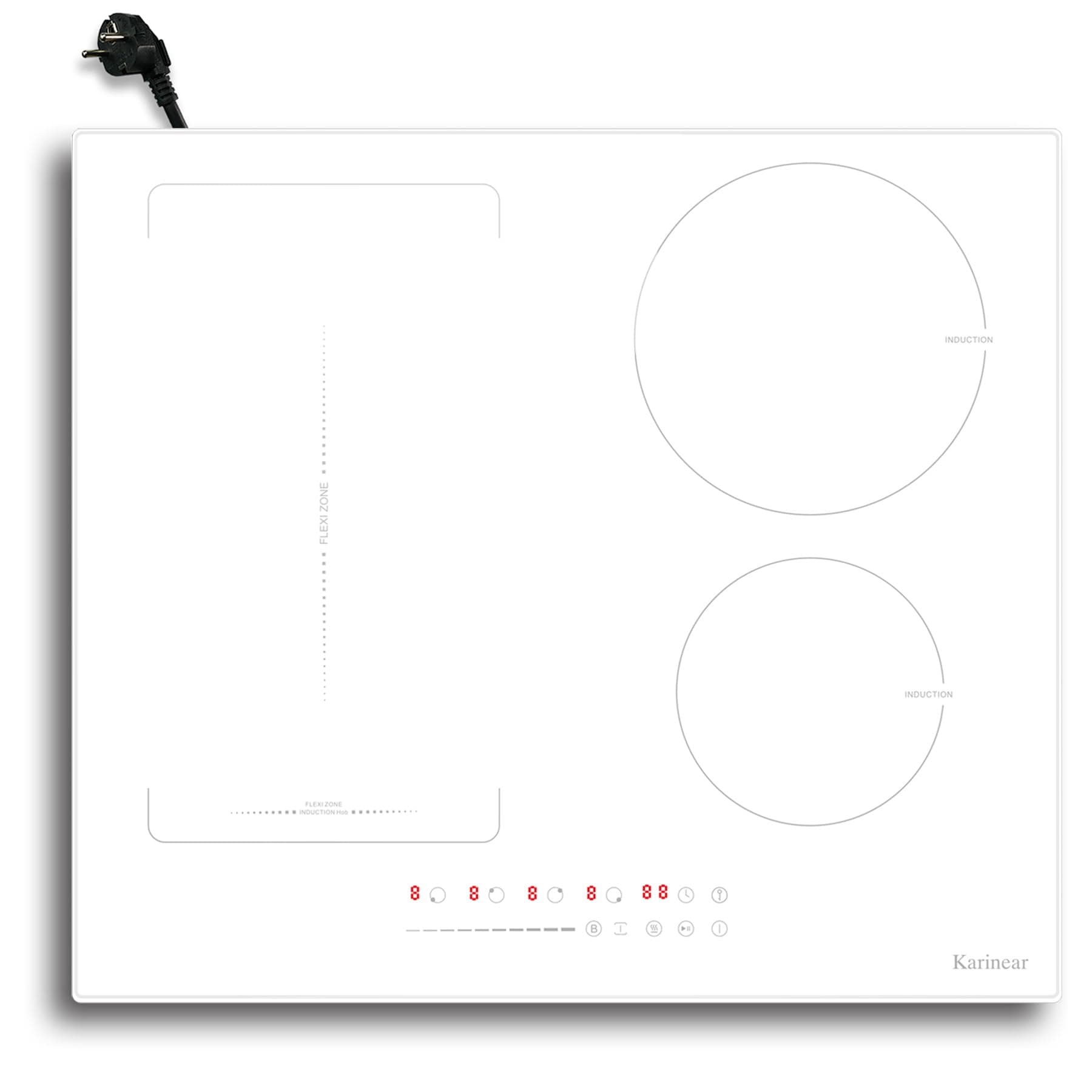 Karinear Placa de Inducción 4 Fuegos con Zona Flexible, Induccion Blanca, Booster, Control por Deslizamiento y Toque, Temporizador, Bloqueo Para Niños, 60 CM, 220-240 V, 3500 W, con Enchufe