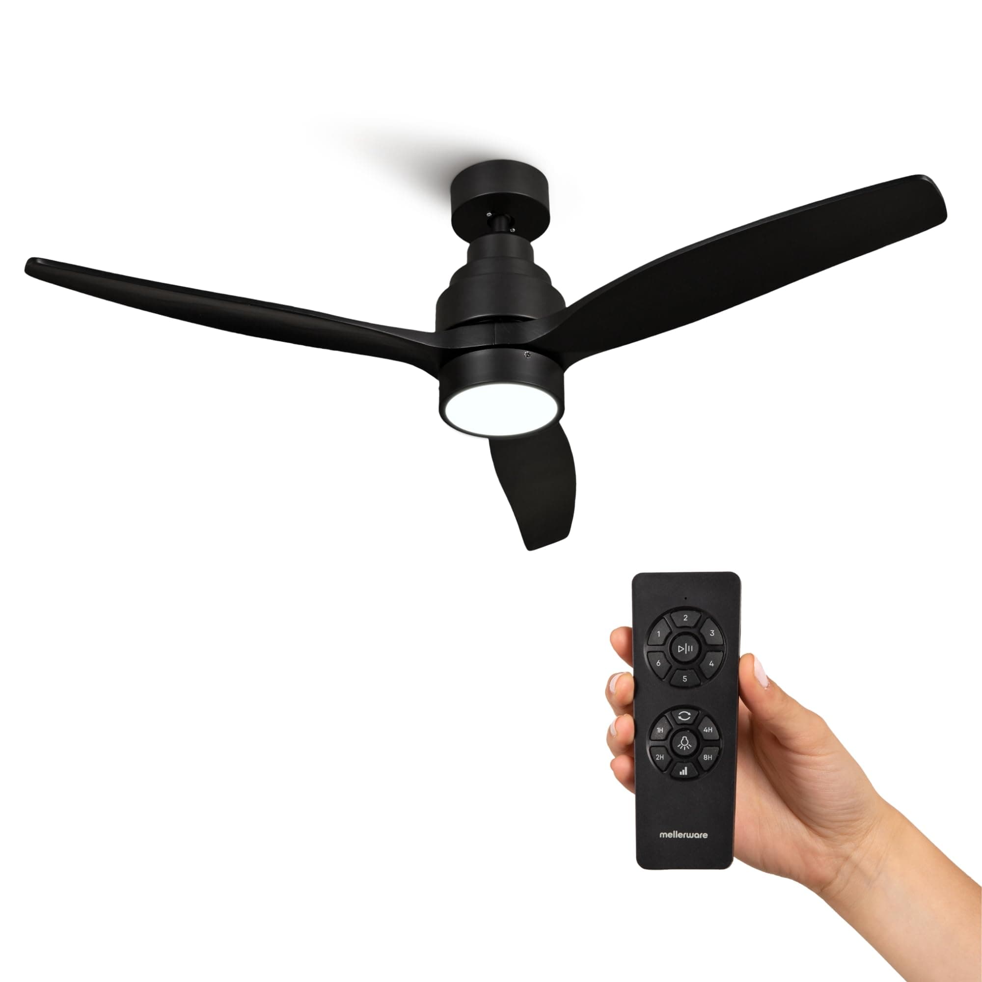 Mellerware - Ventilador de Techo con Mando a Distancia Brizy Bright | 30 W | 6 Velocidades | Ultra silencioso | 3 Aspas 132 de Diámetro | Función Verano-Invierno | Temporizador | LED | Black