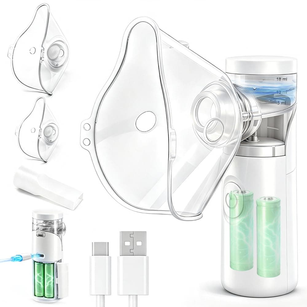 Aerosol Portatile Silenzioso,per Adulti e Bambini,Atomizzazione ad alta efficienza,Macchina Aerosol Ricaricabile,Kit con 2 Maschere e 1 Boccaglio,Adatto per viaggi e famiglia (Bianco Beige)
