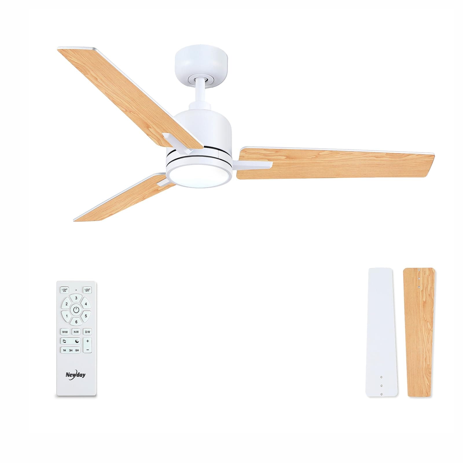 Newday 122cm Ventilador de Techo Madera con Luz y Mando, Reversibles 3 MDF Aspas, Silencioso DC Motor, Lámpara Iluminación Dimmer, 3 Temporizadores para Dormitorio Sala de Estar Cocina Terrazza