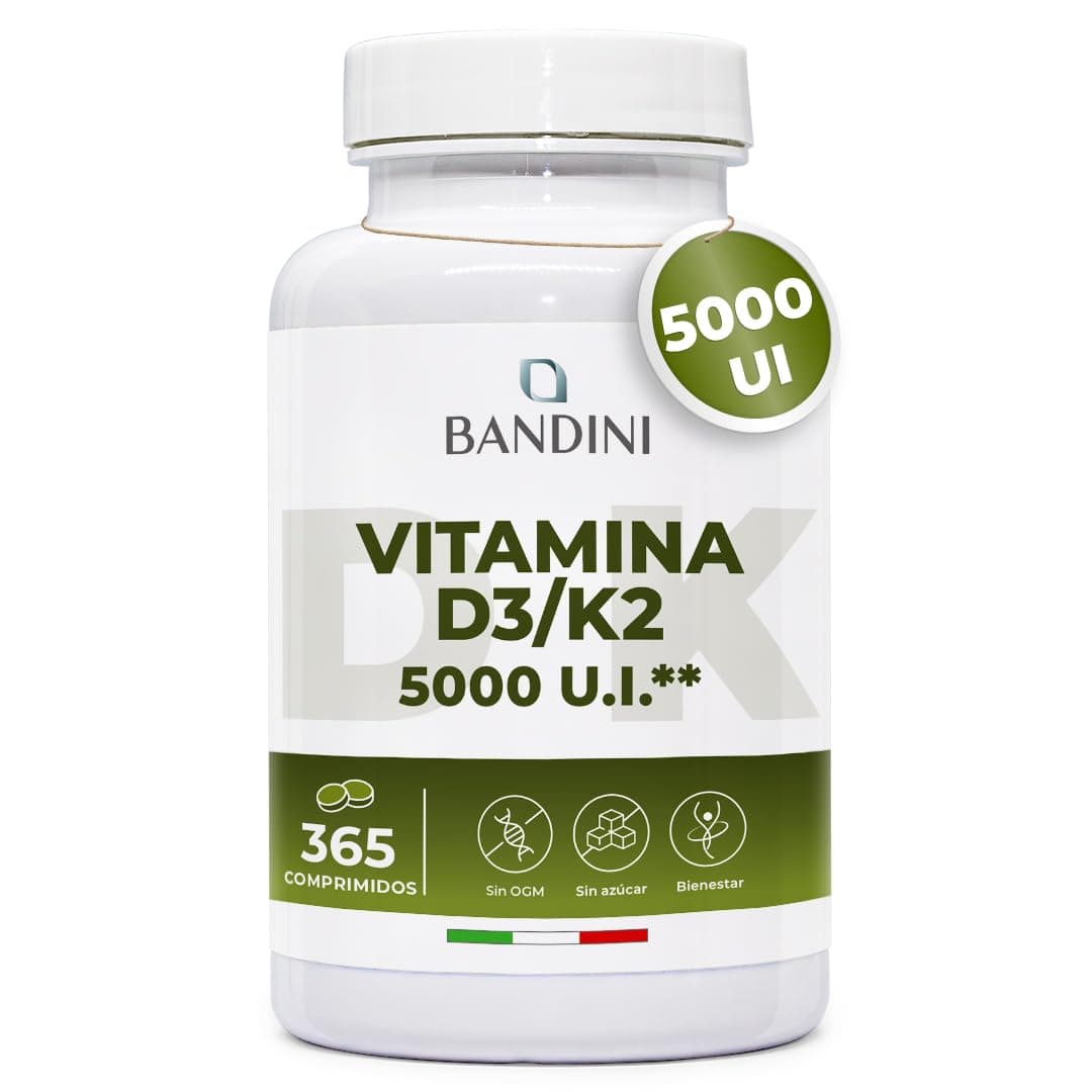 Bandini® Vitamina D3 K2 365 Comprimidos 30 000 UI al mes, Vitamina D 5000 U.I. por tableta, 100 mcg K2, 99,7+% All-Trans K 2-MK7 + 5.000 UI Colecaciferol, Huesos, Dientes, Sistema inmunitario, Vegano