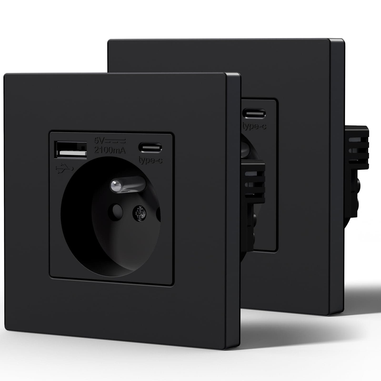 BSEED Prise Electrique avec USB et Type C, Prise Murale avec Panneau En Plastique, Alternatif Norme Française 16 Amp 240V 86mm Noir, 2 Paquests