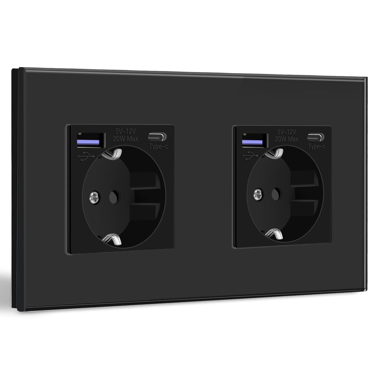 BSEED Schuko Steckdose mit USB C 20W Schnellladegerät USB Type C Wandsteckdose mit Glas Panel, 2 Fach Steckdose, USB Steckdose Unterputz, Einbausteckdose Geeignet für Phone, Pad, MP3 und mehr-Schwarz