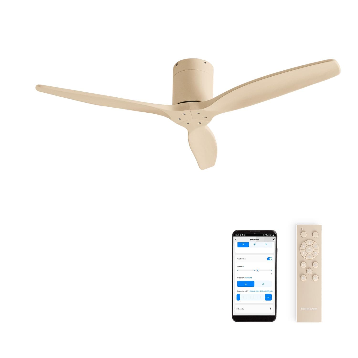 CREATE / WINDCALM M/Ventilateur de plafond ABS couleur sable avec Wifi et télécommande / 40W, Silencieux, Ø132 cm, 6 vitesses, minuterie, fonction été-hiver