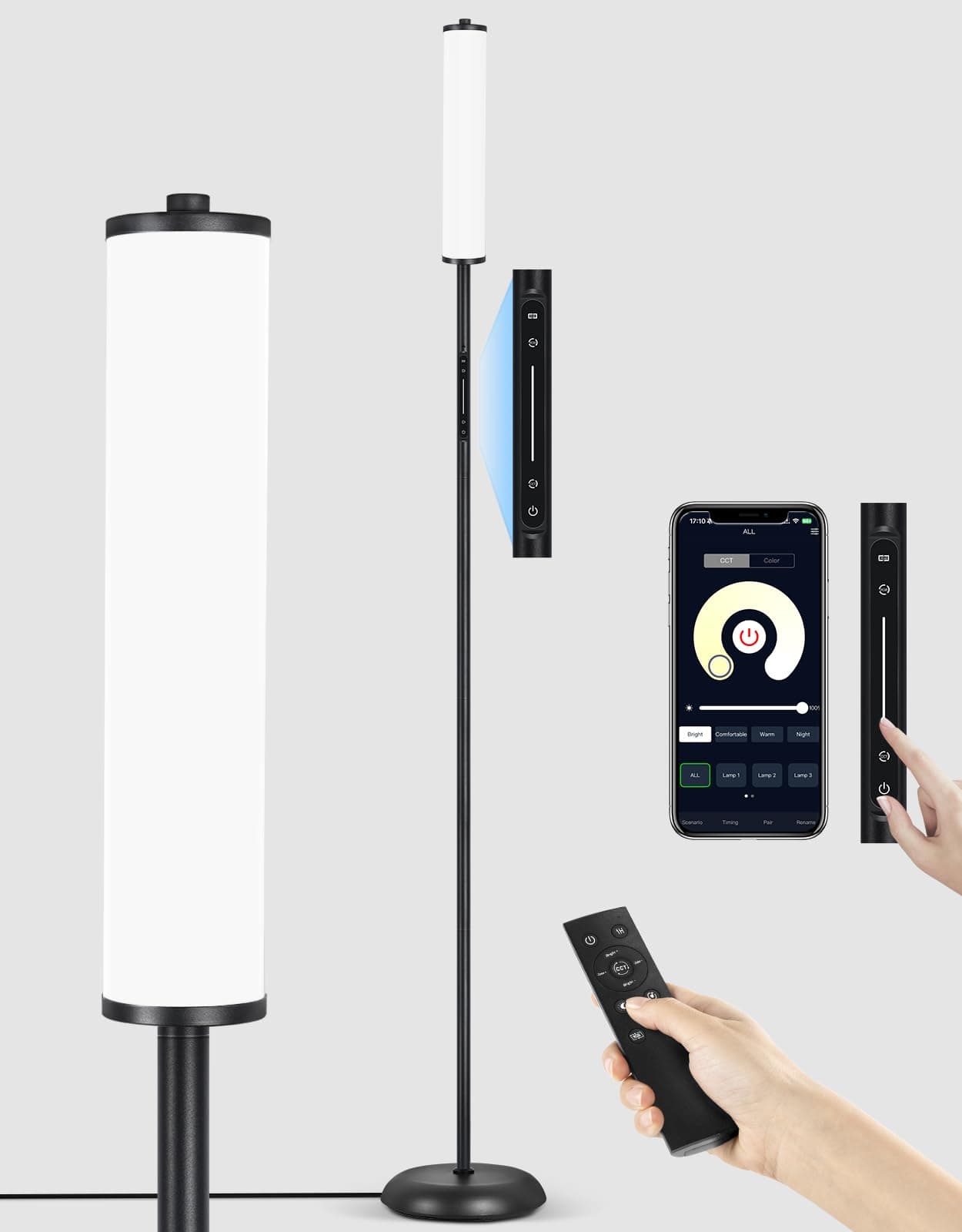 OUTON Lámpara de Pie LED con Control Remoto y App, 1500 LM, 16 Millones de Colores, 32 Modos de Escena, Sync Música, 1H Timer, Lámpara Moderna de Esquina para Salón, Dormitorio y Gaming, Negro