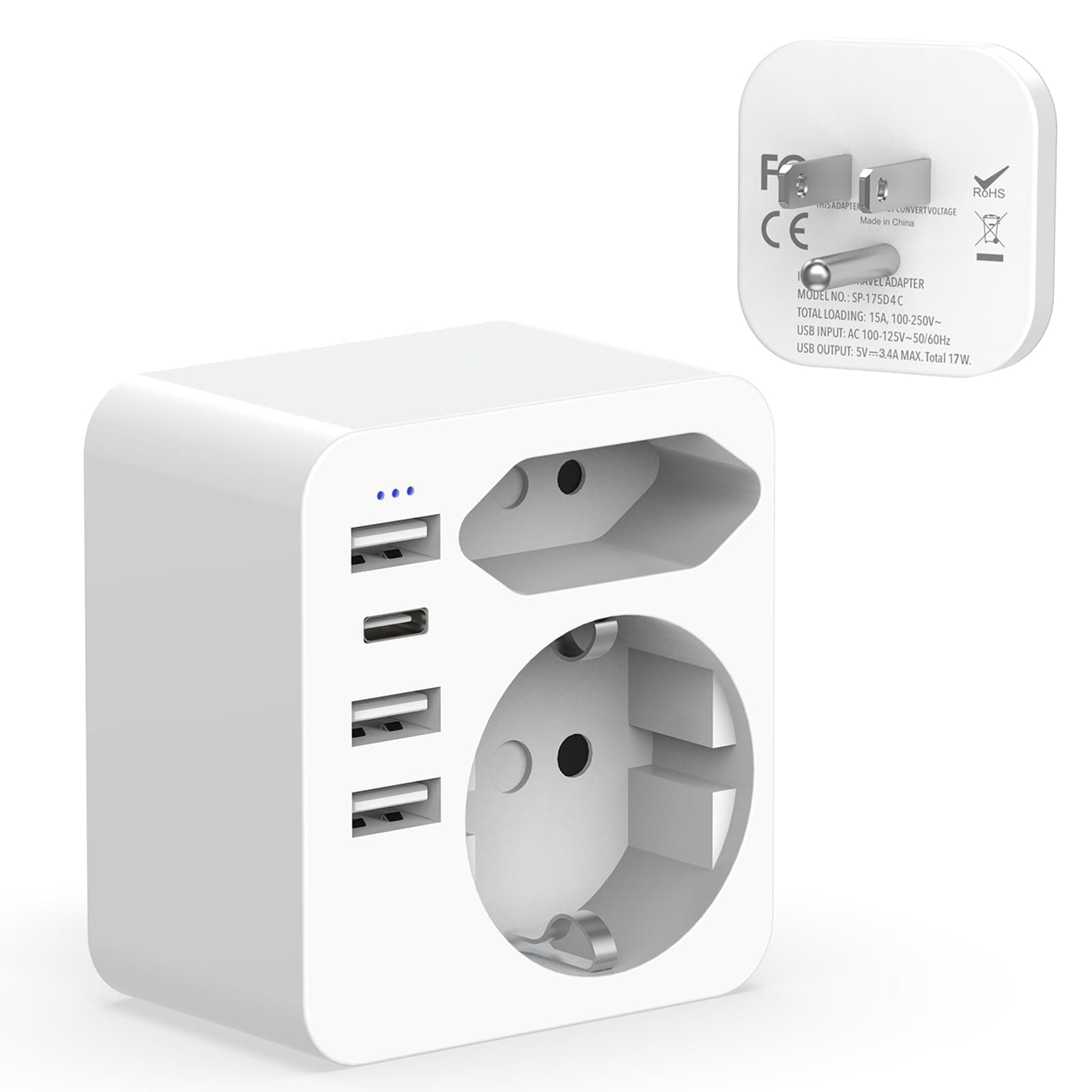 Adattatore Presa Americana,3 USB A e 1 USB C Presa Americana Adattatore Italiana, Adattatore Presa USA With European Plug,Adattatore Tipo B Per L'Uso In United States,Canada,Mexico,Tailandia