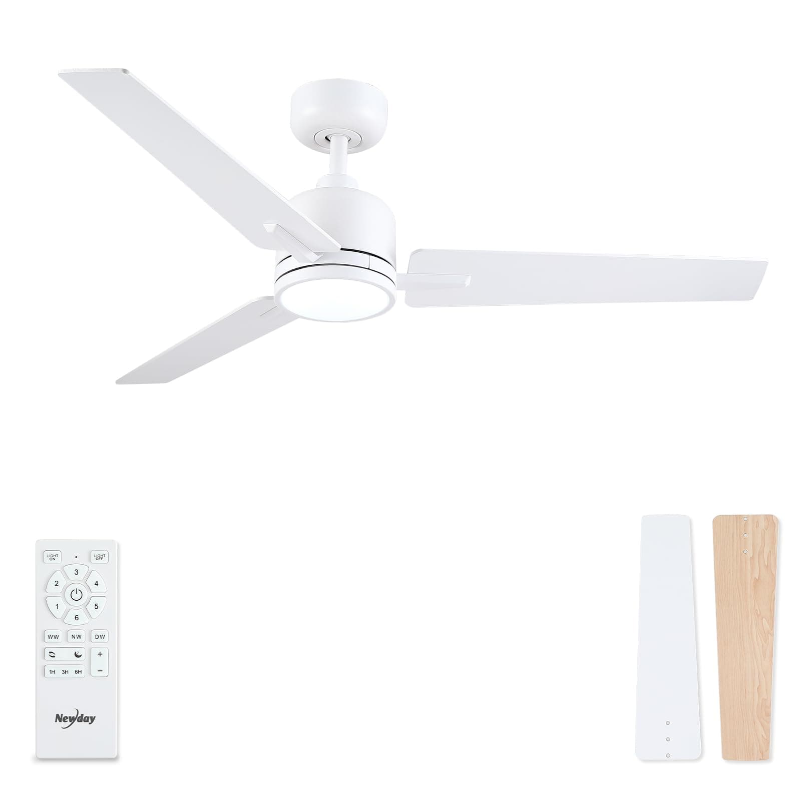 Newday 107cm Ventilador de Techo con Luz y Mando Blanco y Madera, Silencioso Motor DC Reversibles, Iluminación Dimmer, 3 Aspas con 2 Lados, Función de Memoria, 6 Velocidades,Patrones de Sueño