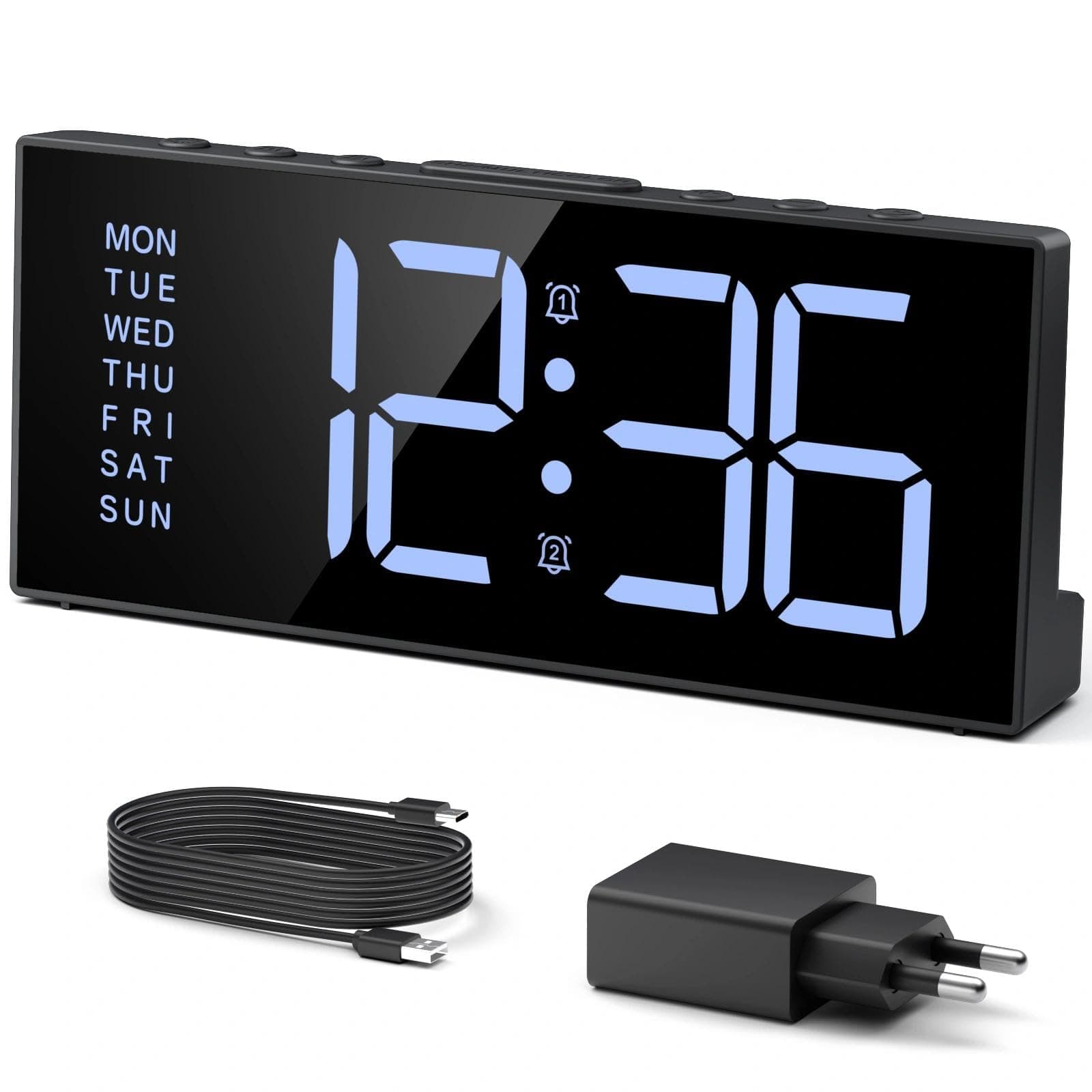 LATEC Réveil pour Dormir Profond, Réveil Numérique de Chevet avec Écran LCD 7’’, 9 Mins de Sonnerie, Double Alarme, Luminosité Réglable, 3 Niveaux de Volume, Noir