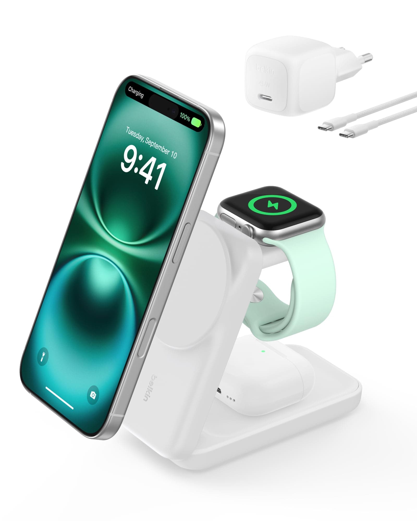 Belkin UltraCharge Caricatore Wireless Magnetico Qi2 25W 3 in 1 - Bianco | Base di Ricarica MagSafe, Certificato Qi2.2, Tecnologia di Raffreddamento, per iPhone, Apple Watch, AirPods, Caricatore 45W