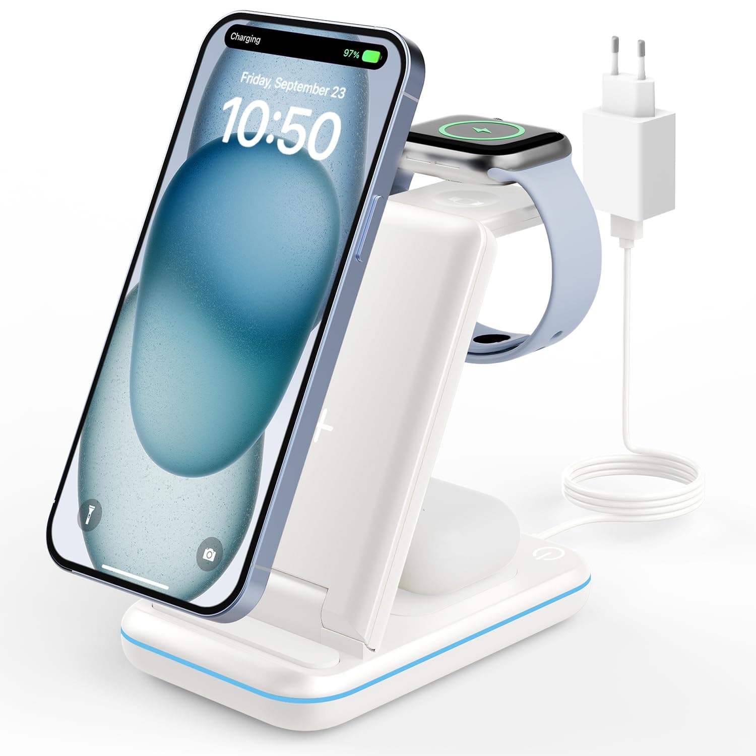 JoyGeek Cargador Inalámbrica, Plegable 3 en 1 Base Cargador para i Phone 17/16/15/14/13/12/Plus/Pro MAX, Estación de Carga para iWatch Ultra-2, Rapida Wireless Charger para AirPods 4/Pro/3/2-Blanco