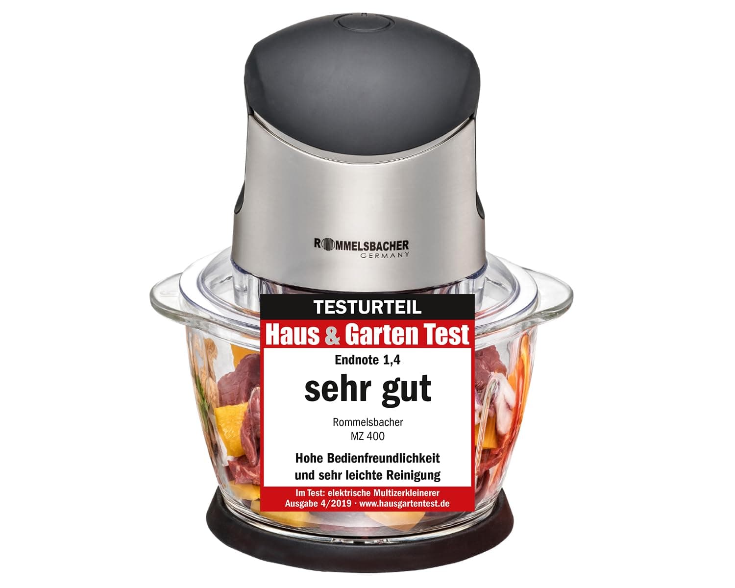 ROMMELSBACHER Multi Zerkleinerer MZ 400 – kraftvoller Motor, 4-flügeliges Spezialmesser aus Edelstahl, 1 Liter Glasbehälter, schwarz/Chrom gebürstet, 400 Watt