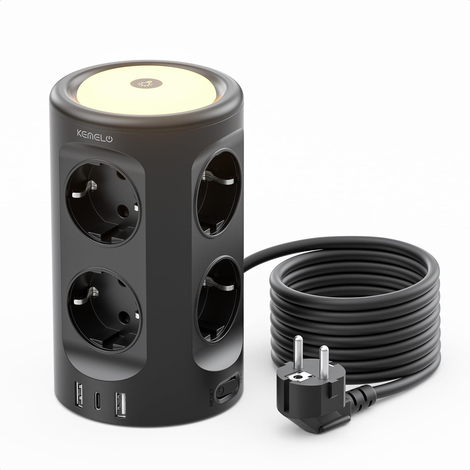 Multiprise avec lumière, 8 prises avec 3 prises USB, protection contre les surtensions, multiprise cube, 3 modes d'éclairage, rallonge 3 m, tour de prise pour la maison, le bureau