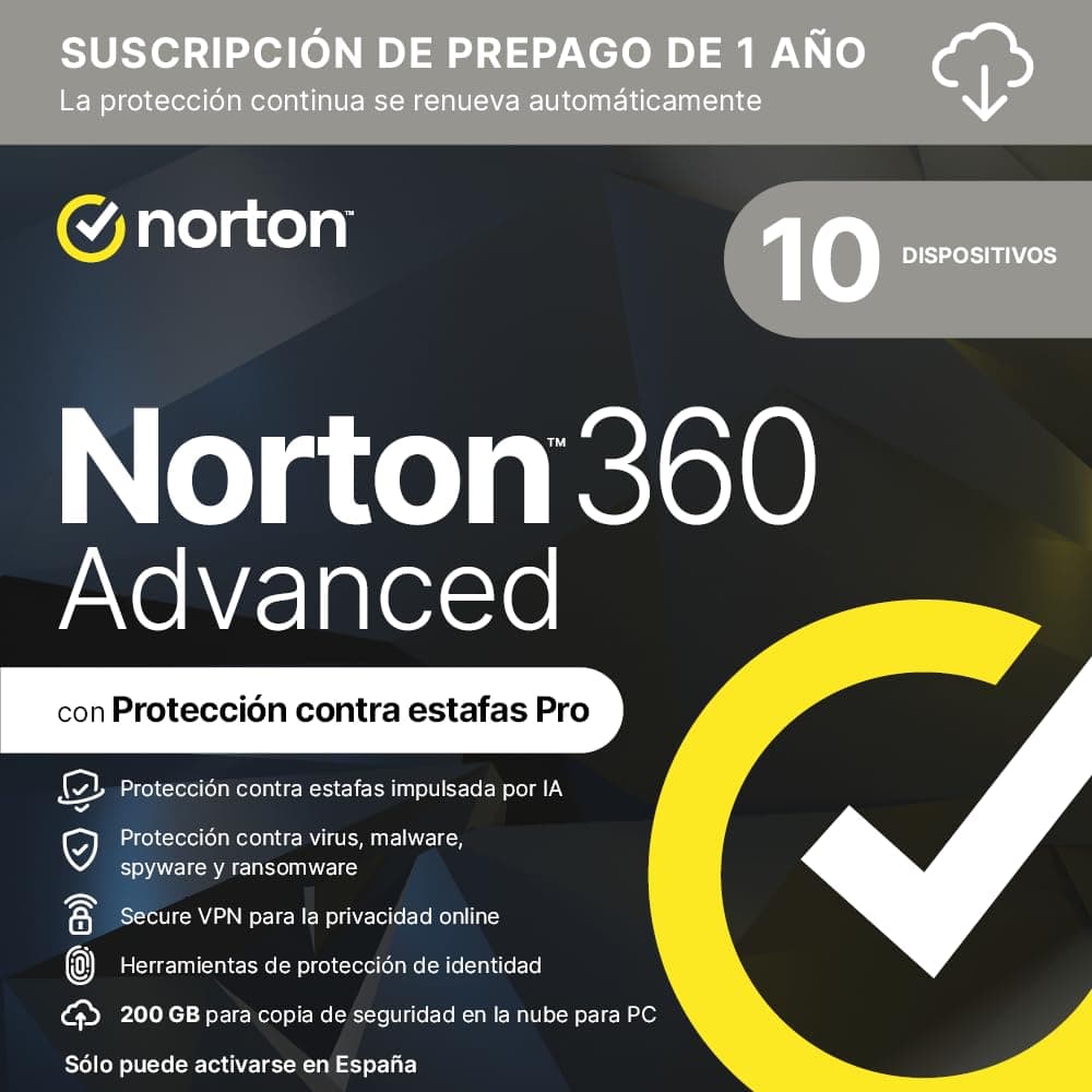 Norton 360 Advanced 2026 │ 10 Dispositivos │ 12 meses renovación automática │ Social Media, Dark Web Monitoring y VPN │ Código por email