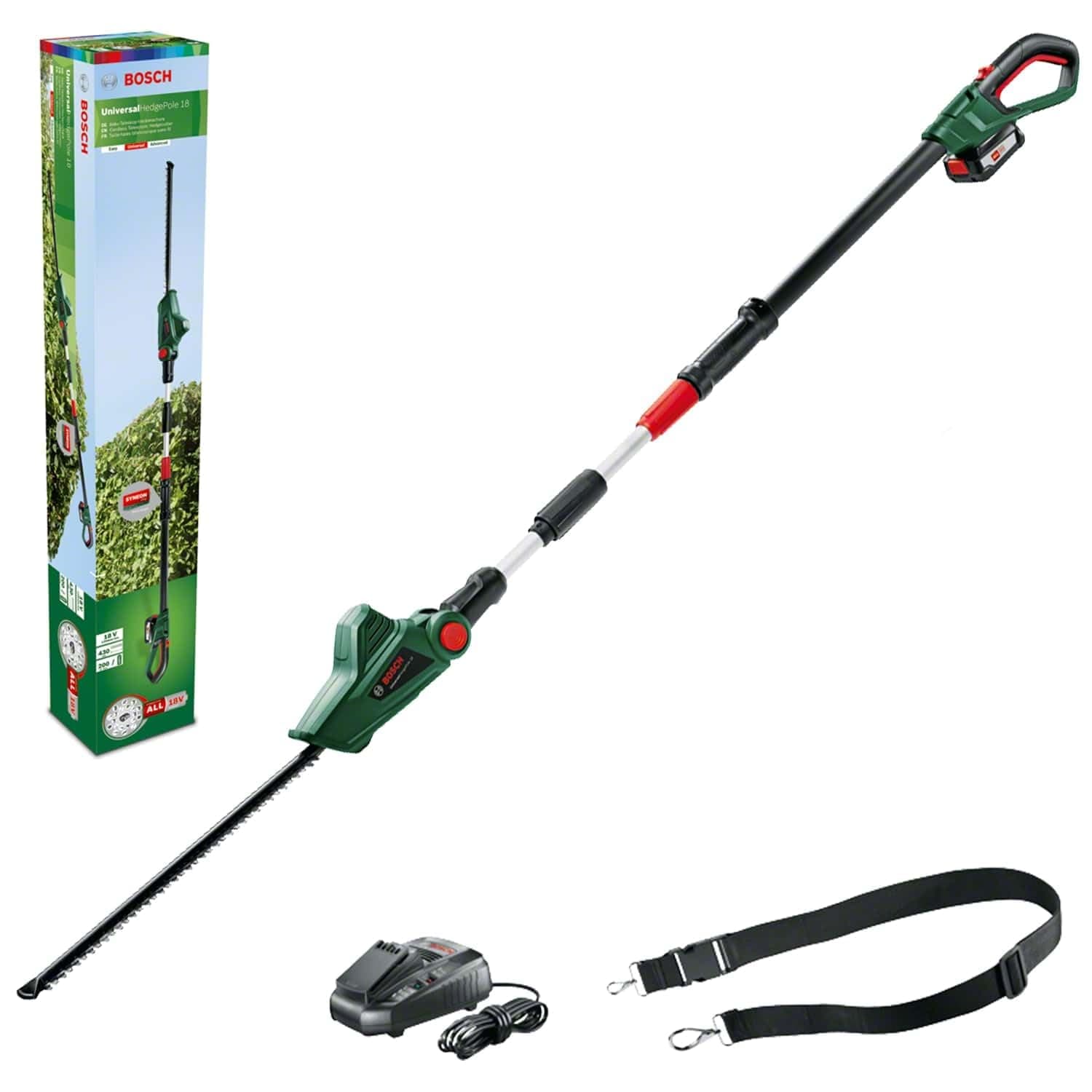 Bosch Tagliasiepi telescopico a batteria UniversalHedgePole 18, Batteria, caricabatteria, confezione in cartone, sistema da 18 Volt, 2,5 Ah