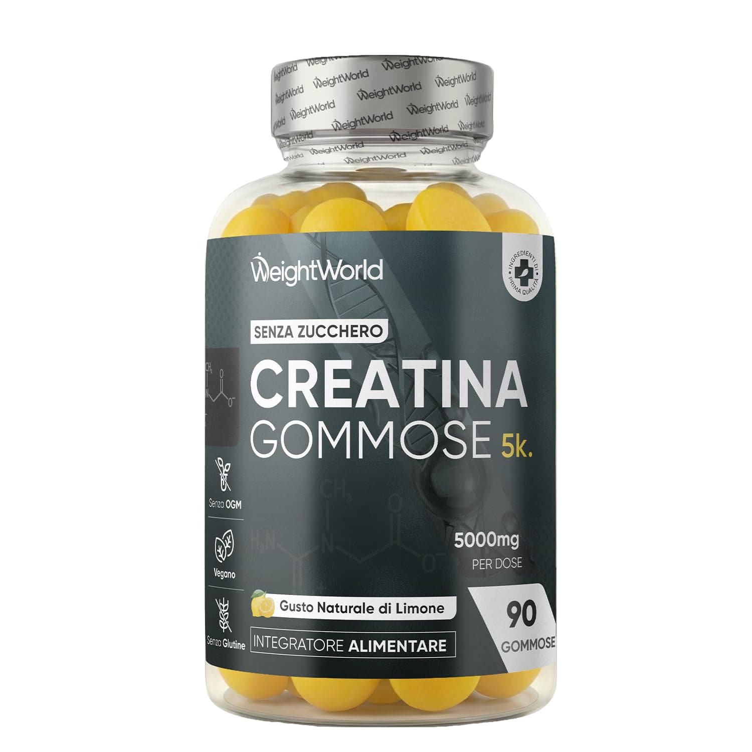 Creatina Monoidrata in 90 Gommose Vegane da 5000mg per Dose, Senza Zucchero, per Uomini e Donne, Gommose Creatina Monoidrato al Delizioso Aroma Naturale di Limone, Senza Magnesio Stearato né Glutine