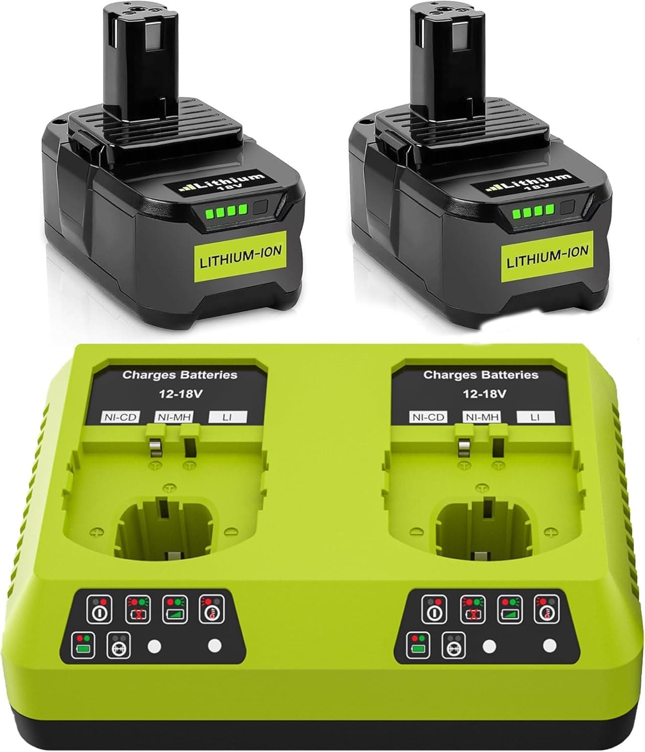 2X 18V 5,5Ah Batteries de Remplacement pour Ryobi One+ Chargeur Double Port 6 A DC18RD Compatible avec Ryobi P108 RB18L50 RB18L25 RB18L40 RB18L20 RB18L15 RB18L13 P102 P103 P104 P105 P106 P107