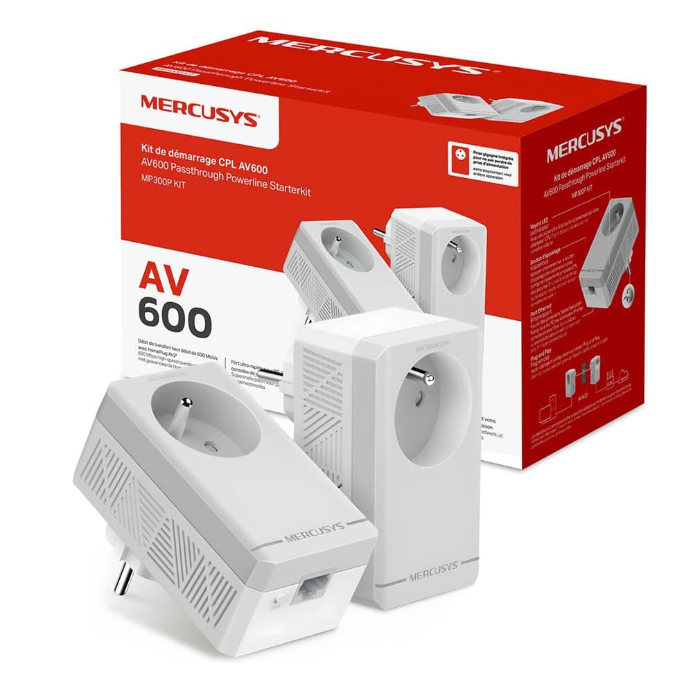 Mercusys MP300P KIT CPL 600Mbps avec 1 Port et Prise Intégrée Type F, Boitier CPL Kit de 2 - idéal pour Profiter du Service Multi-TV à la Maison, Compatible Toutes Les Box