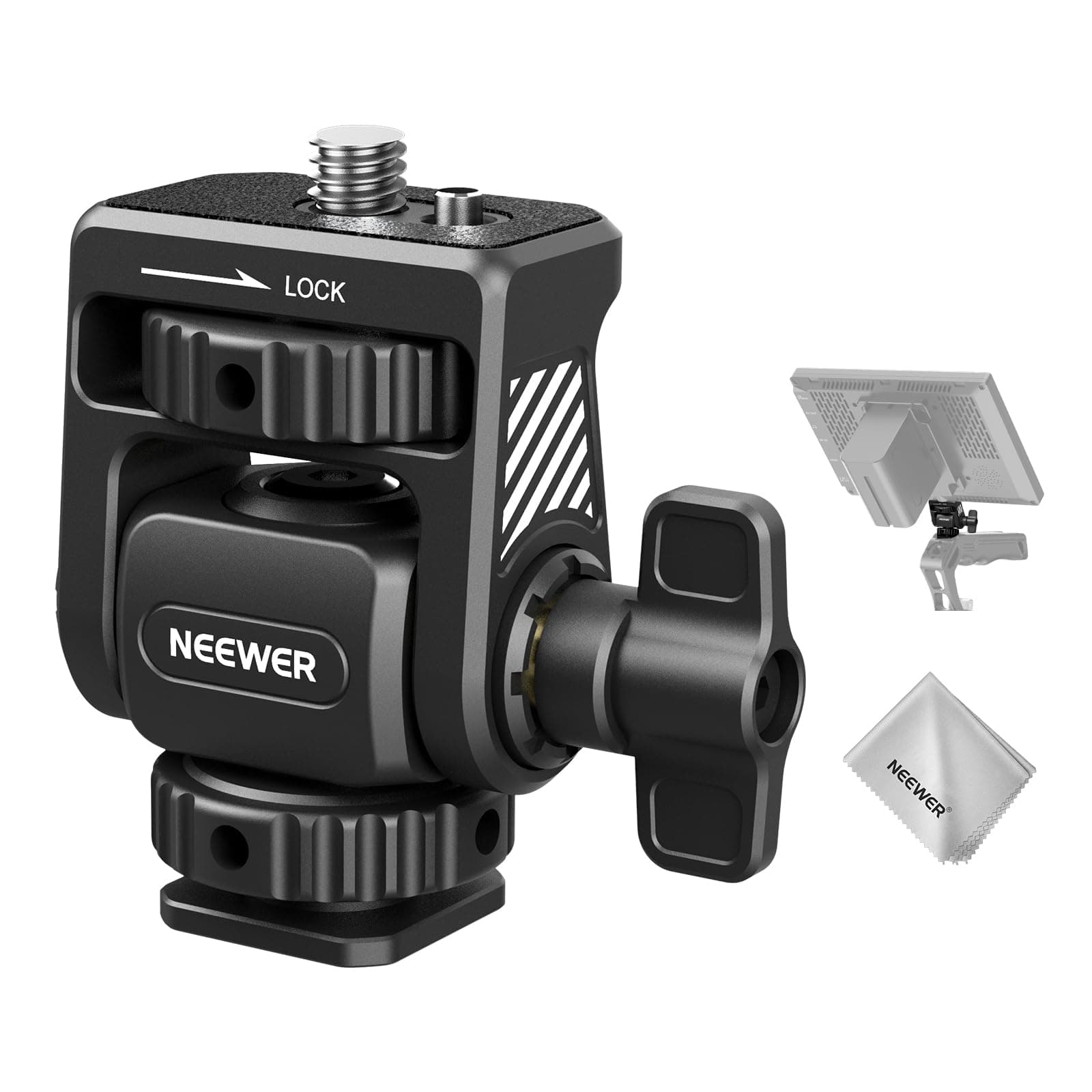 NEEWER Feldmonitor Halterung mit Cold Shoe Mount Adapter, 360° drehbar, 180° neigbar, Schraube/Reinigungstuch, kompatibel mit Atomos Ninja 5"/7" Kamera Monitor, kompatibel mit SmallRig Cam Cage, MA019